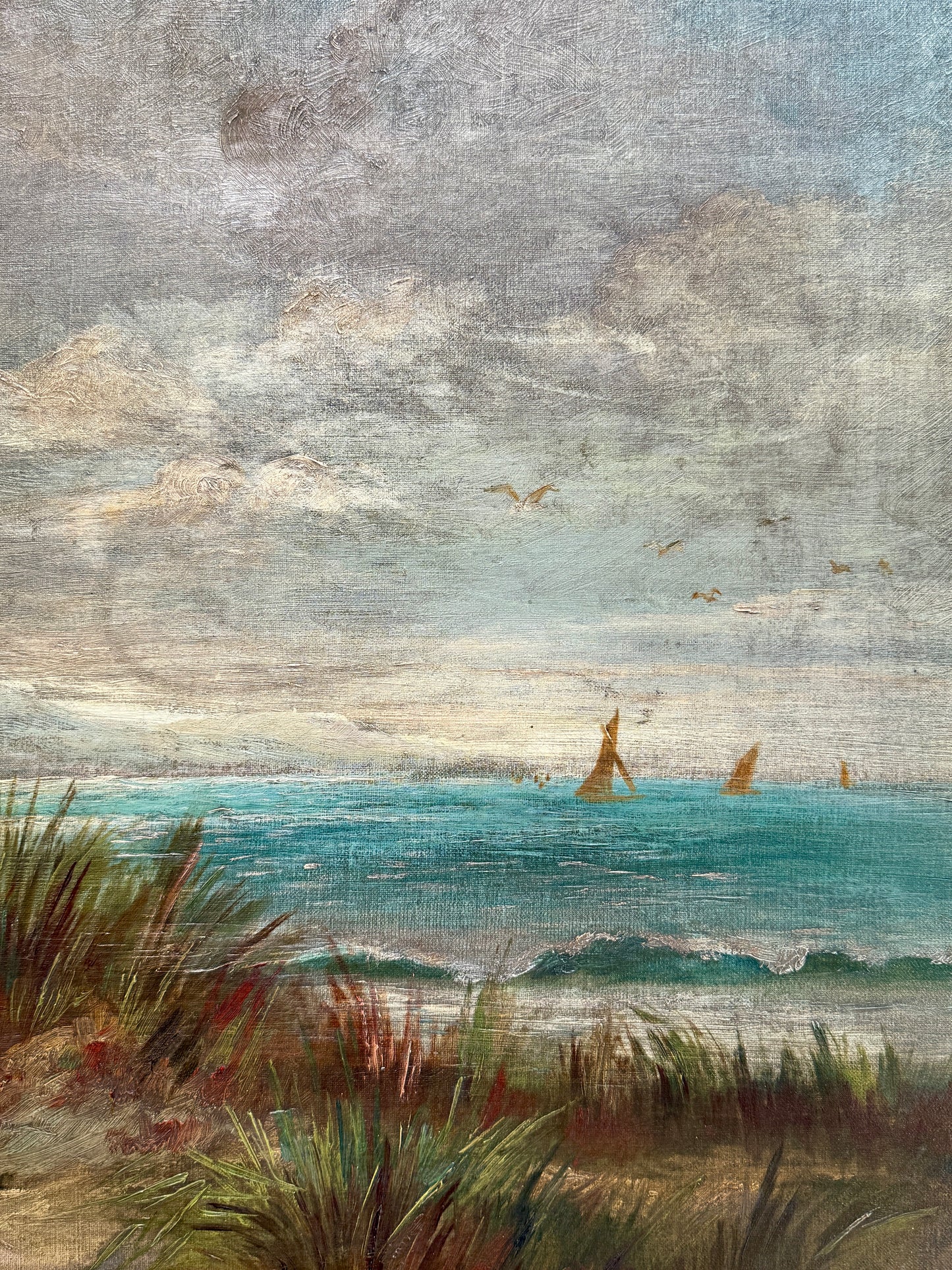 C. 1900 Coastal Beach Landscape with Sailboats Oil Painting in Gold Frame