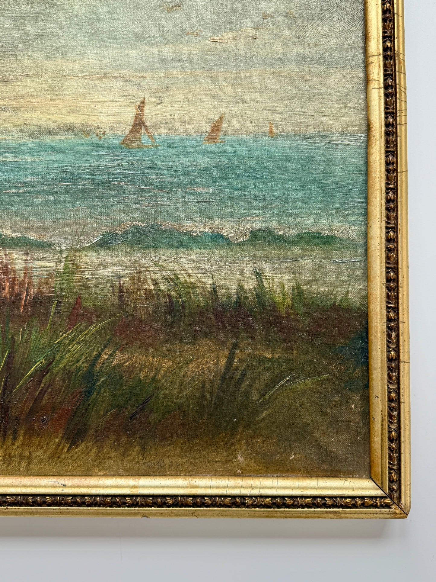 C. 1900 Coastal Beach Landscape with Sailboats Oil Painting in Gold Frame