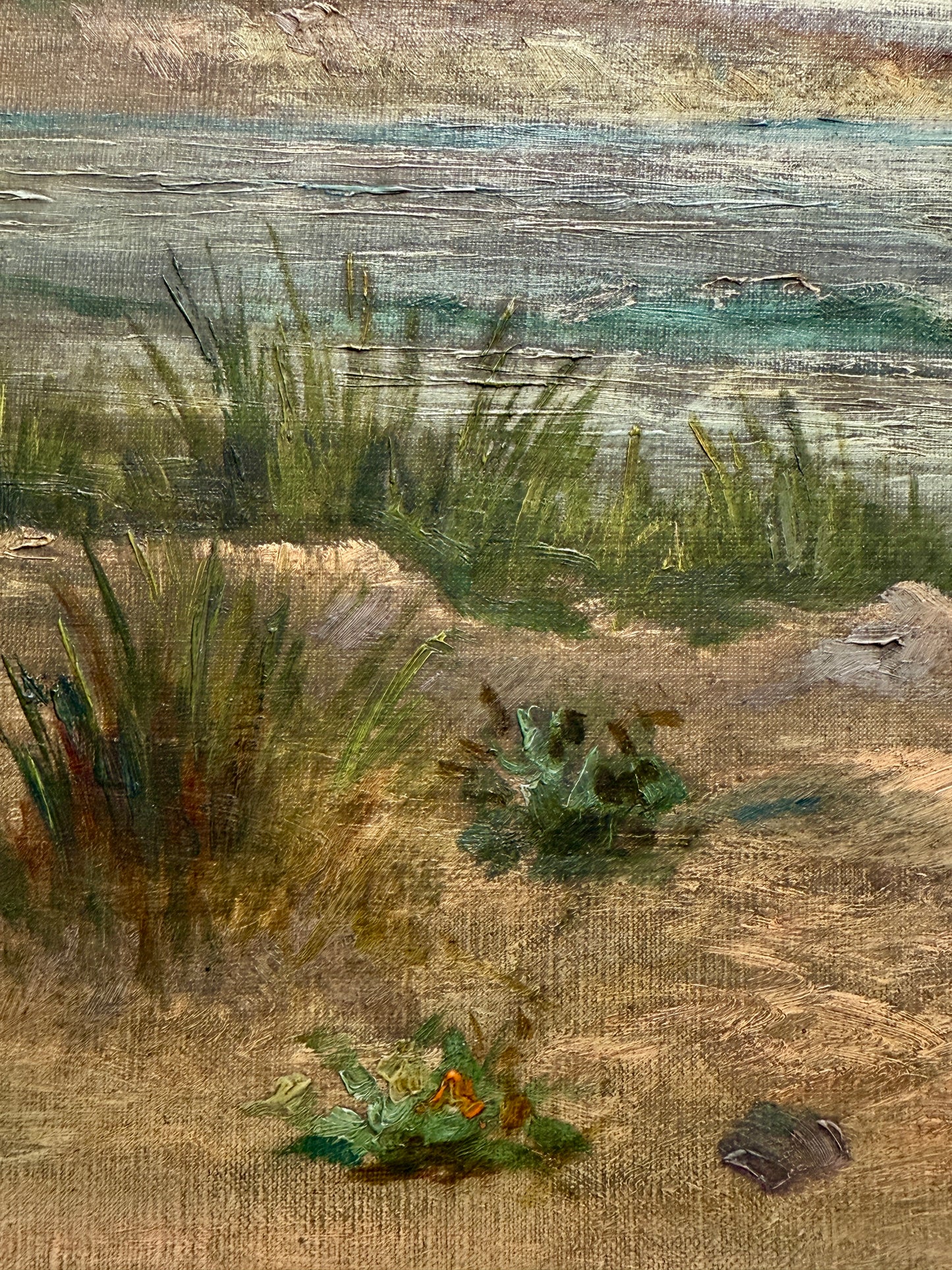 C. 1900 Coastal Beach Landscape with Sailboats Oil Painting in Gold Frame