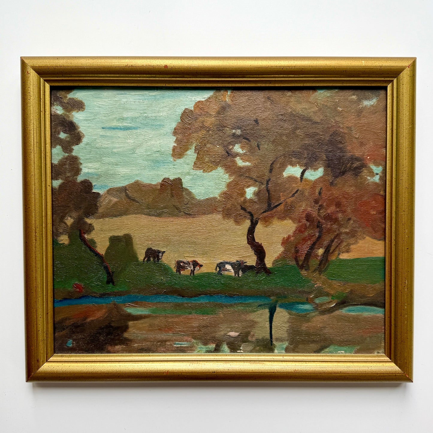 George Glenn Newell Antique Impressionist Cows in Landscape Oil Painting in Gold Frame