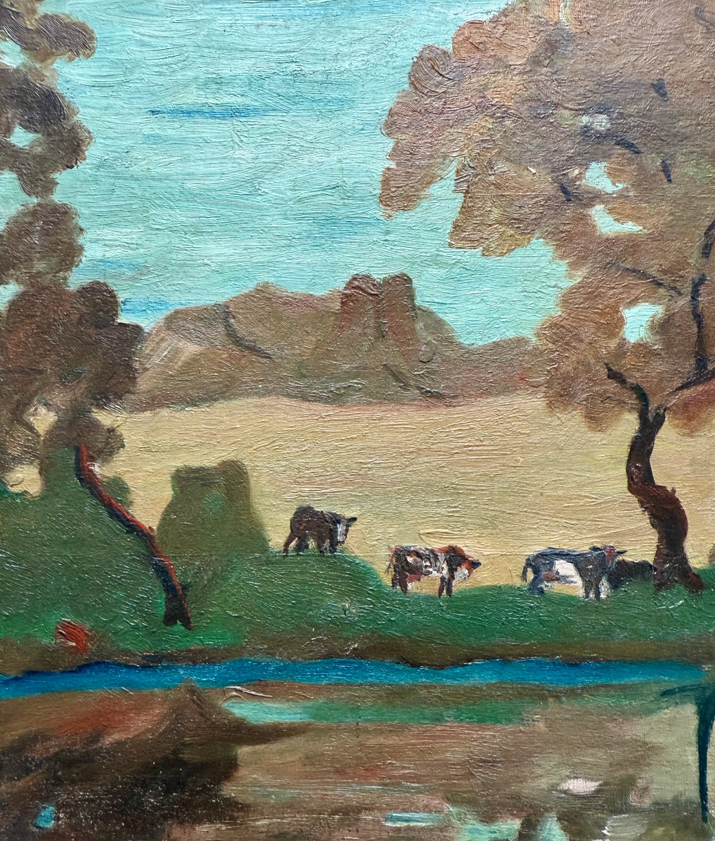 George Glenn Newell Antique Impressionist Cows in Landscape Oil Painting in Gold Frame