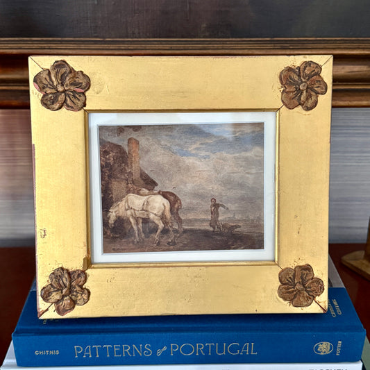 Manner of Philips Wouwerman (1619-1668) 19th Century Watercolor Horses at Rest in Floral Gold Frame