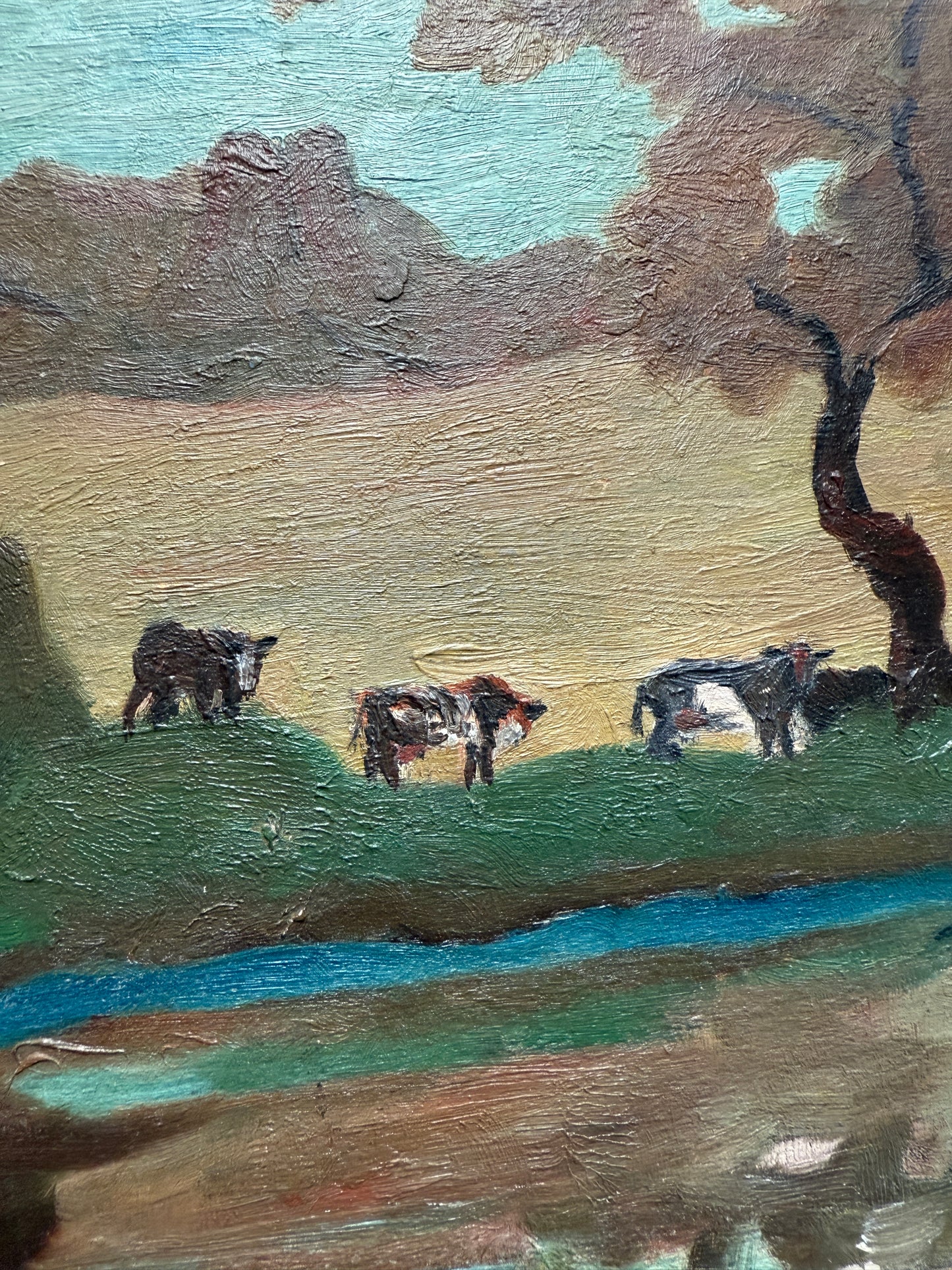 George Glenn Newell Antique Impressionist Cows in Landscape Oil Painting in Gold Frame