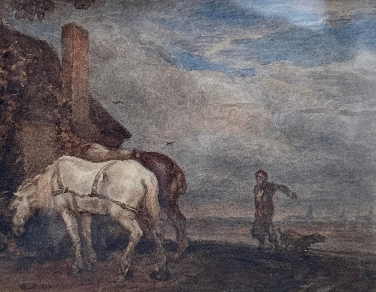 Manner of Philips Wouwerman (1619-1668) 19th Century Watercolor Horses at Rest in Floral Gold Frame