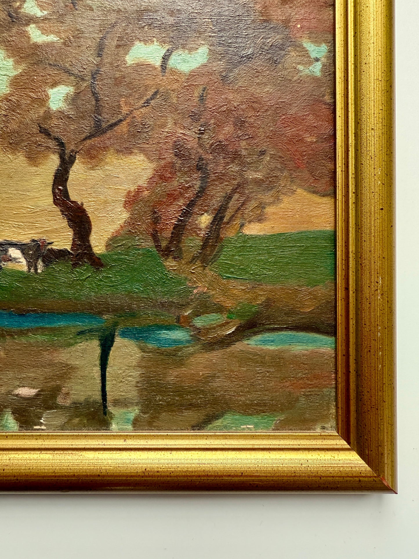 George Glenn Newell Antique Impressionist Cows in Landscape Oil Painting in Gold Frame