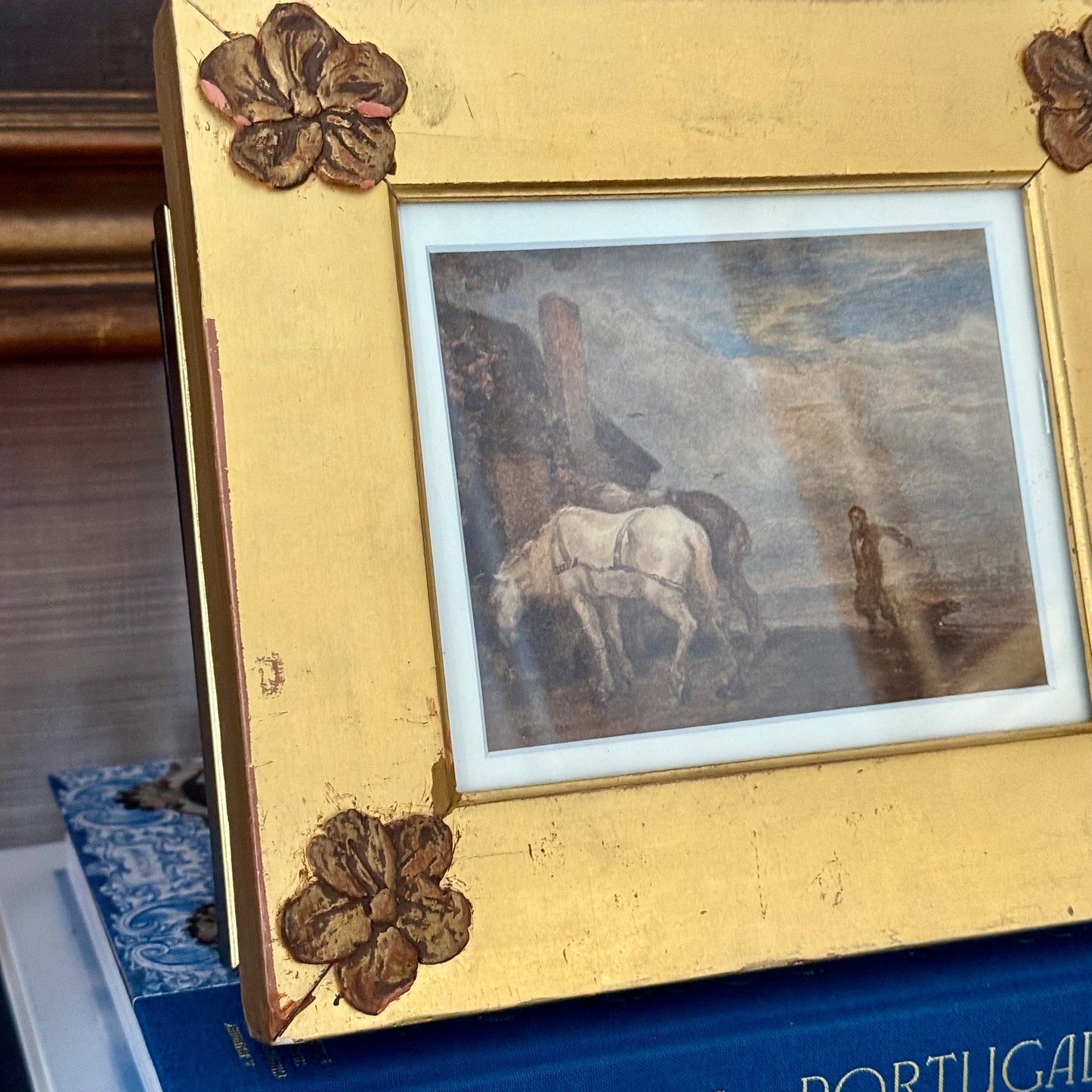 Manner of Philips Wouwerman (1619-1668) 19th Century Watercolor Horses at Rest in Floral Gold Frame