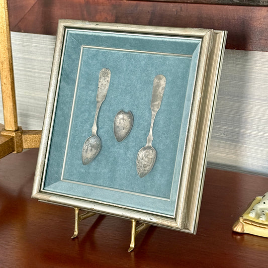 Antique Sterling Silver Hand Forged Spoon Trio on Blue Velvet in Silver Shadowbox