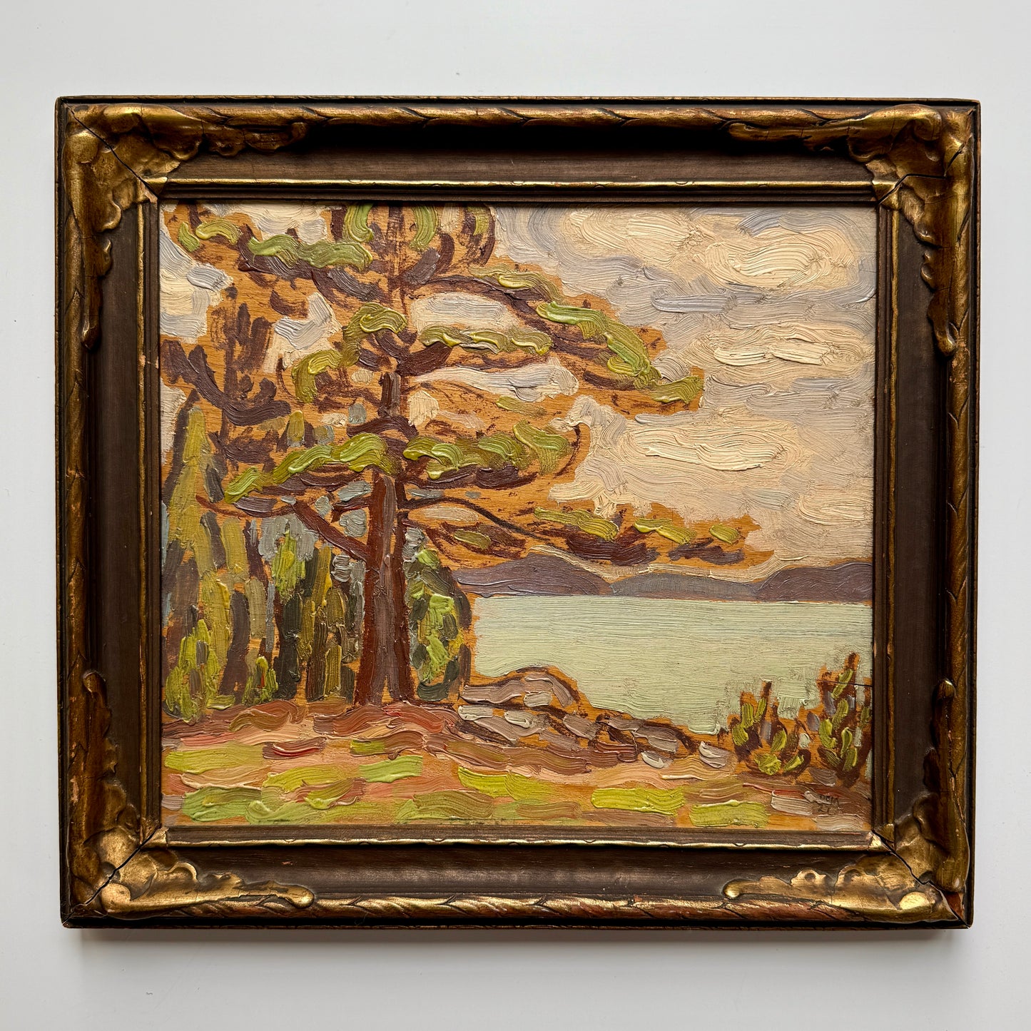 1927 D. Claude MacDonald Pigeon Lake Waterside Landscape Oil Painting in Black and Gold Frame