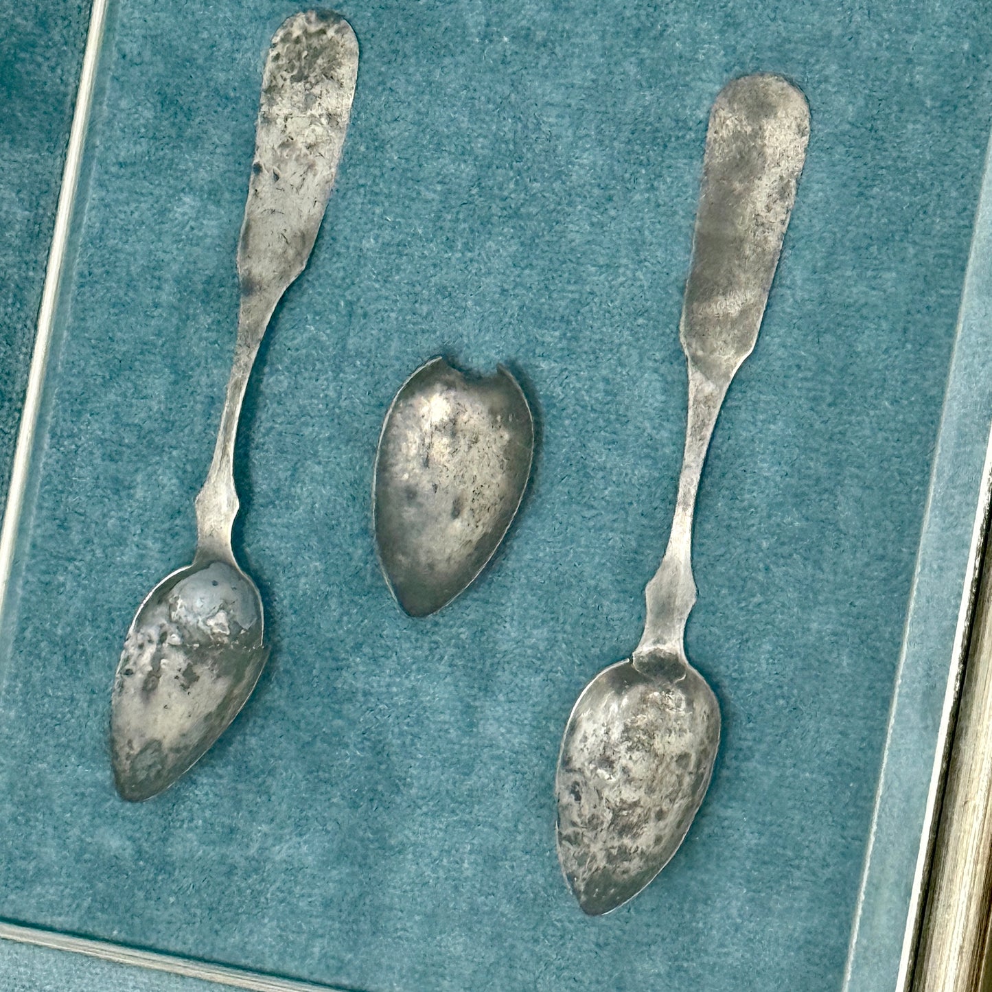 Antique Sterling Silver Hand Forged Spoon Trio on Blue Velvet in Silver Shadowbox