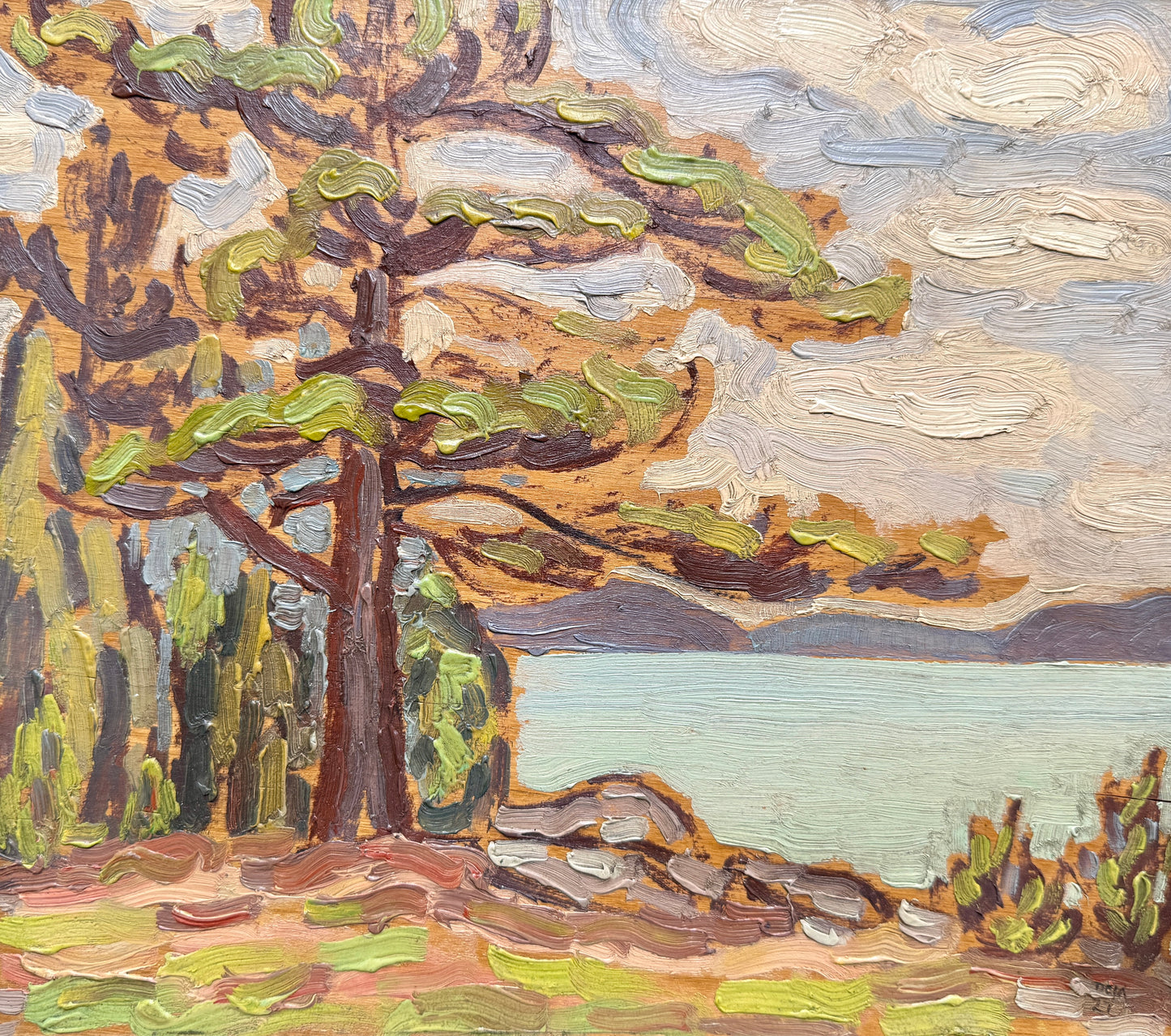1927 D. Claude MacDonald Pigeon Lake Waterside Landscape Oil Painting in Black and Gold Frame