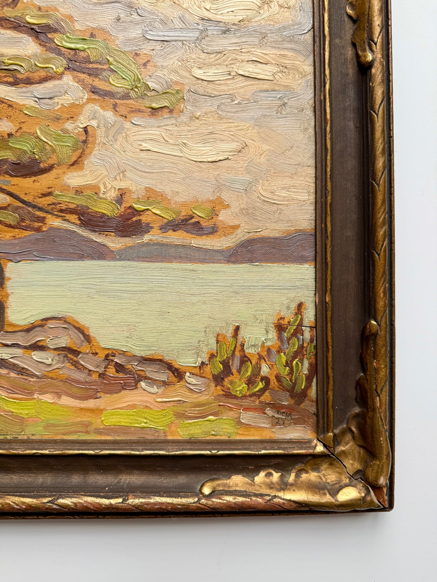 1927 D. Claude MacDonald Pigeon Lake Waterside Landscape Oil Painting in Black and Gold Frame