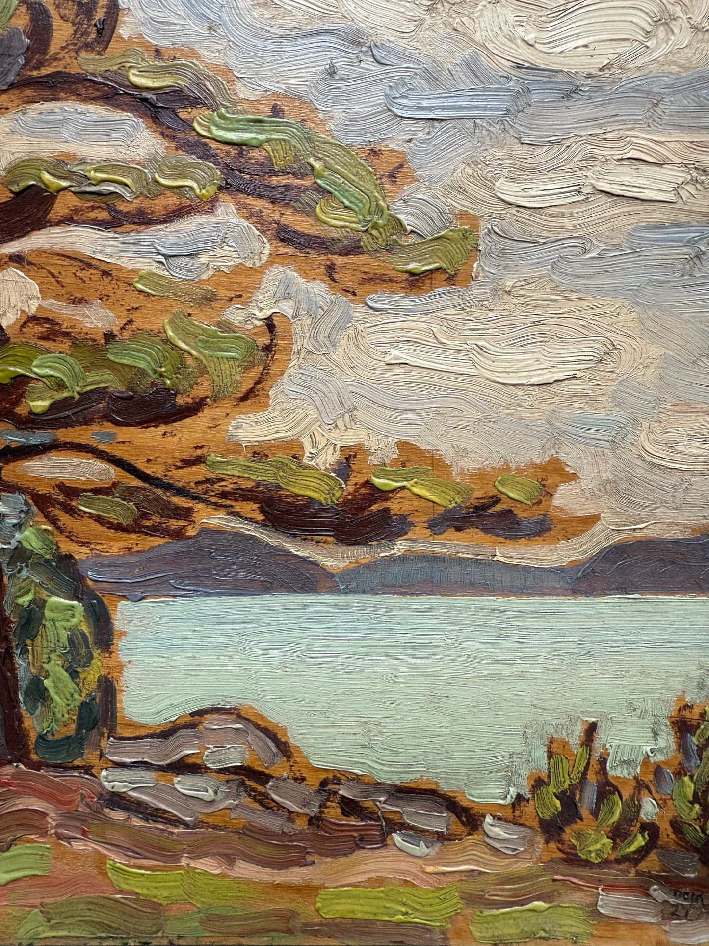 1927 D. Claude MacDonald Pigeon Lake Waterside Landscape Oil Painting in Black and Gold Frame