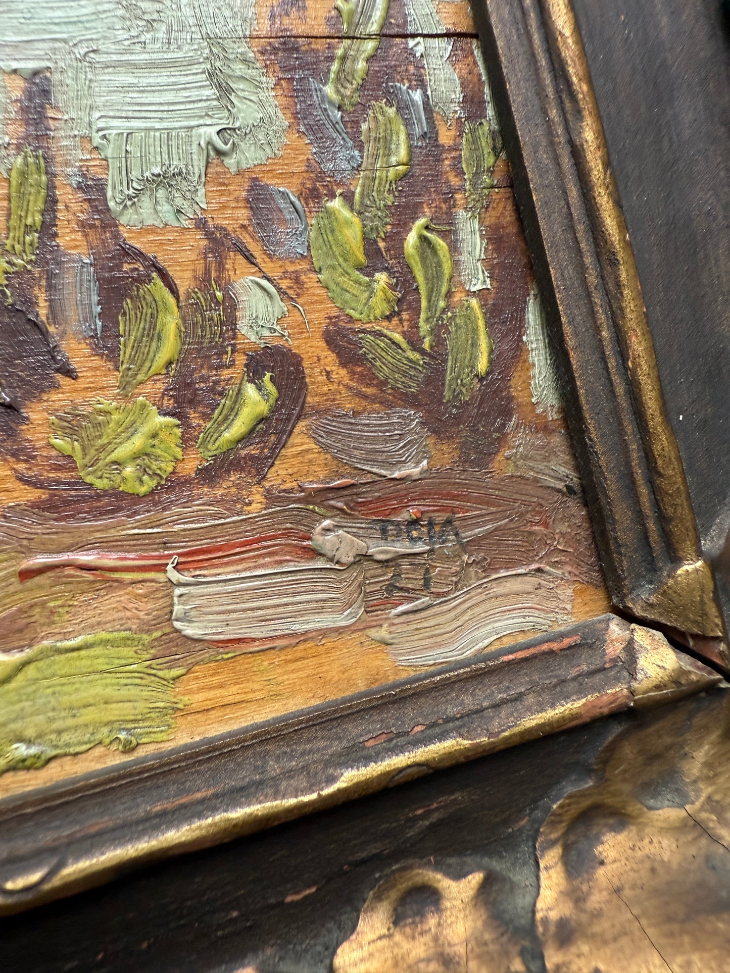 1927 D. Claude MacDonald Pigeon Lake Waterside Landscape Oil Painting in Black and Gold Frame