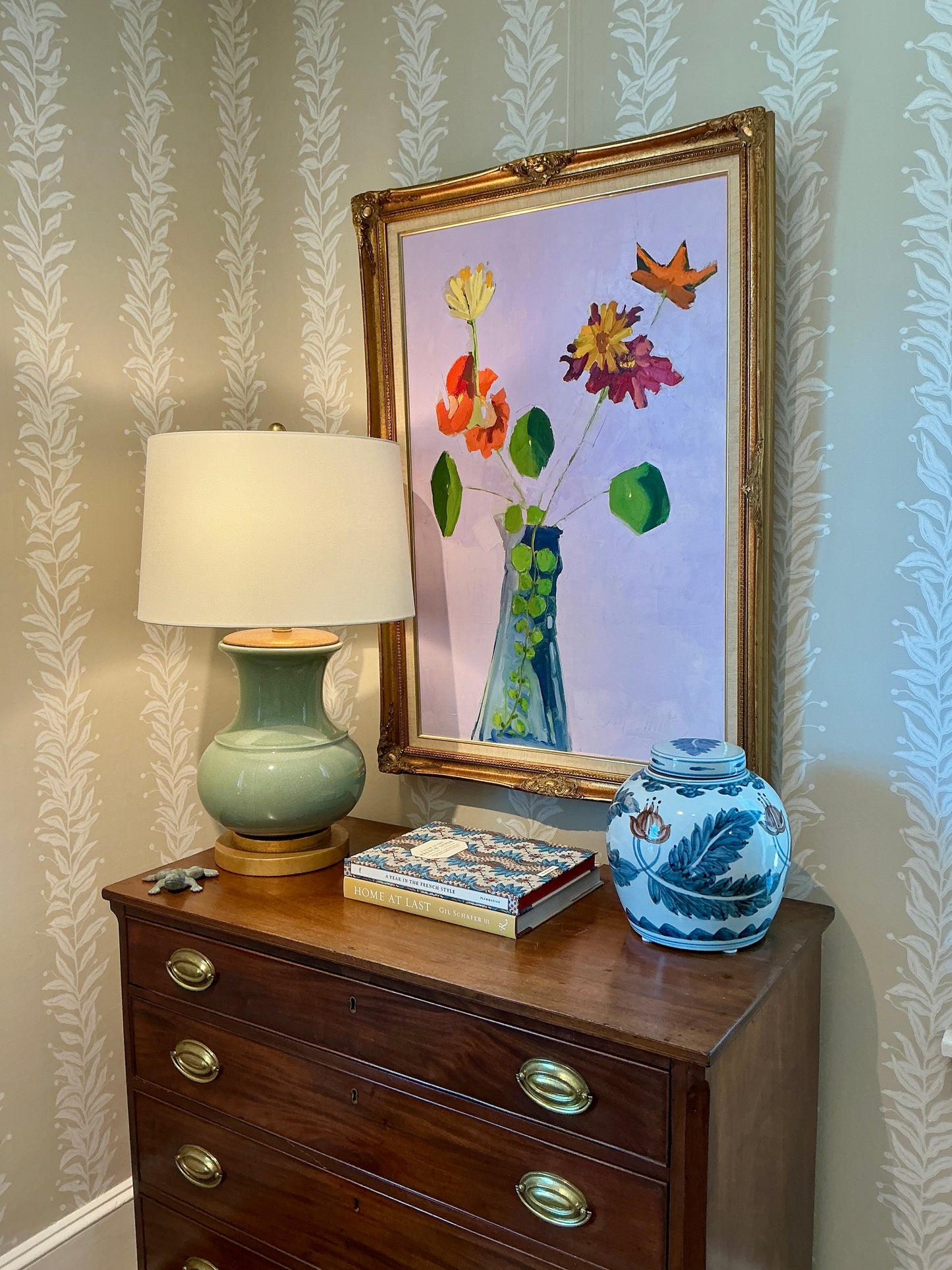 Gretchen McGinnis Big Lavender July Floral Still Life Oil Painting in Gold Frame
