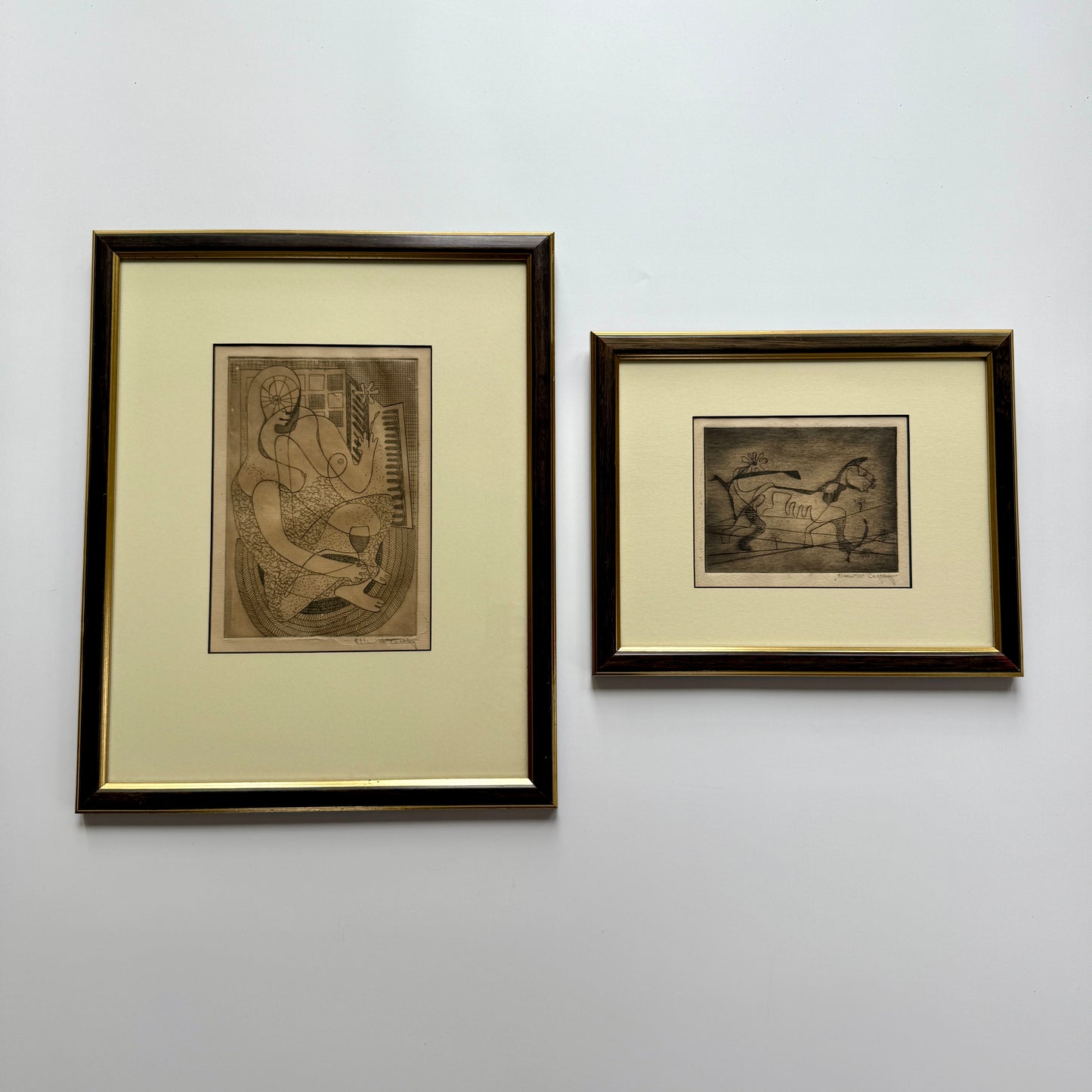 Set of Two Ellen McCarthy Engravings Female Nude Portrait and Dog in Wood and Gold Frames