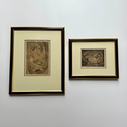Set of Two Ellen McCarthy Engravings Female Nude Portrait and Dog in Wood and Gold Frames