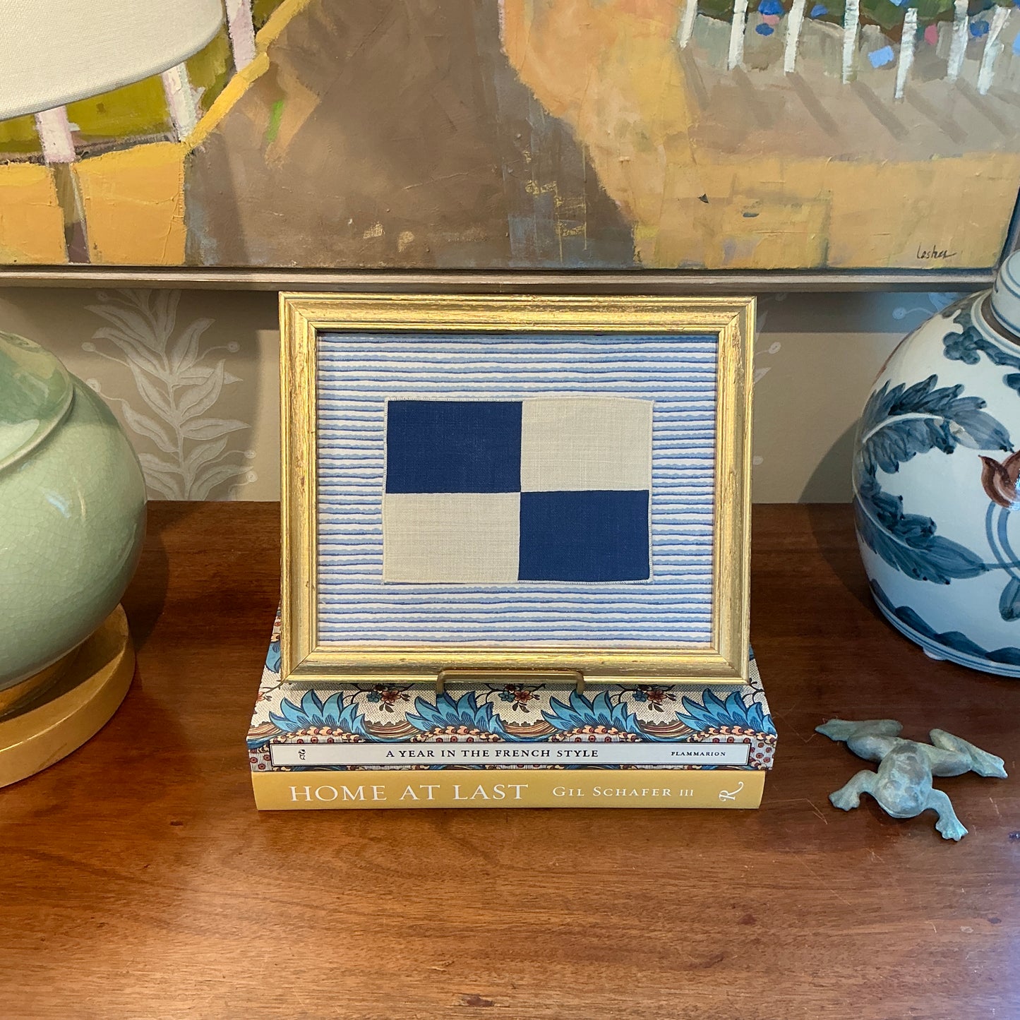 Vintage Cotton Nautical Yachting Signal Flag on Blue Stripes in Gold Frame