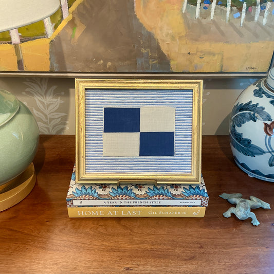 Vintage Cotton Nautical Yachting Signal Flag on Blue Stripes in Gold Frame