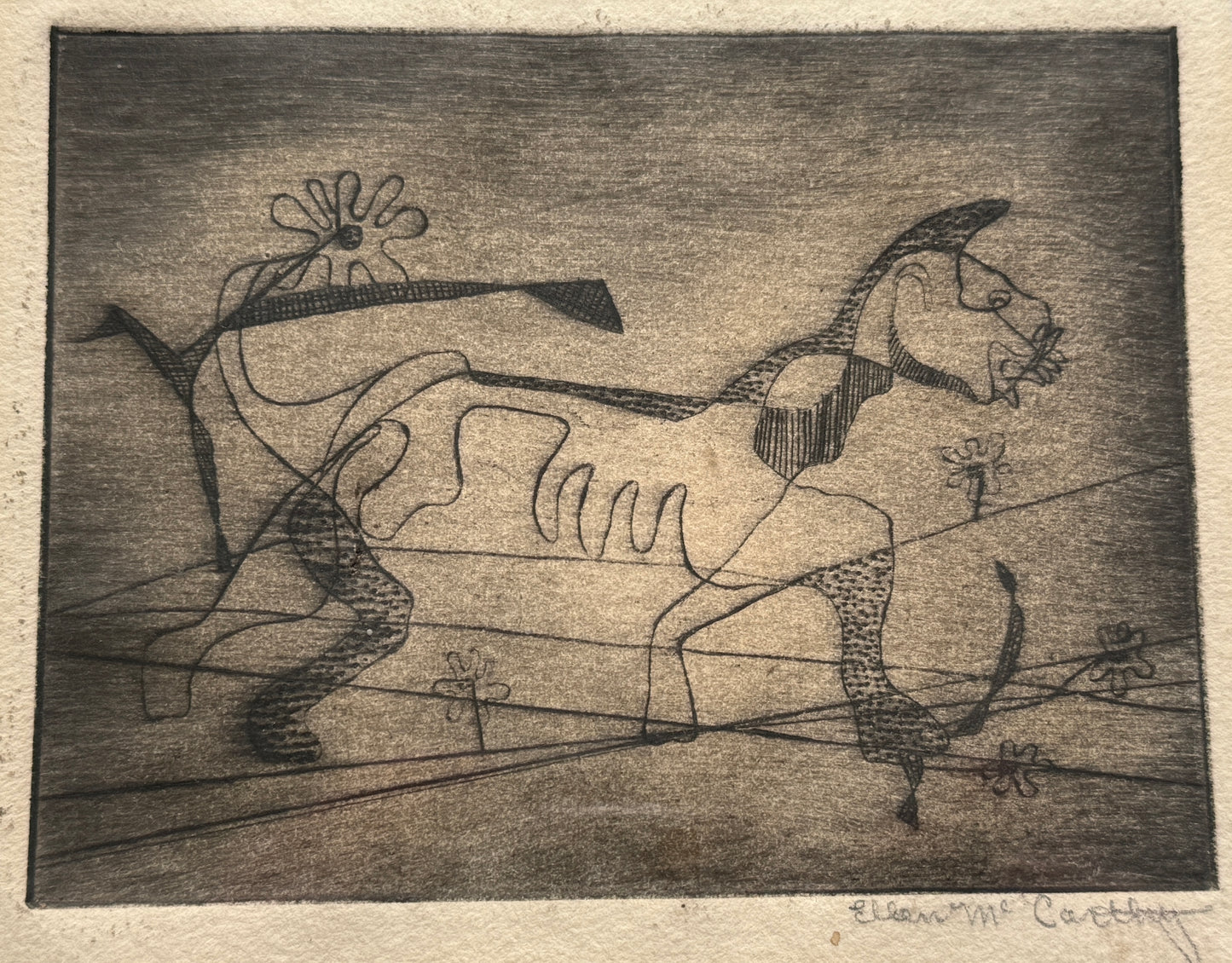 Set of Two Ellen McCarthy Engravings Female Nude Portrait and Dog in Wood and Gold Frames