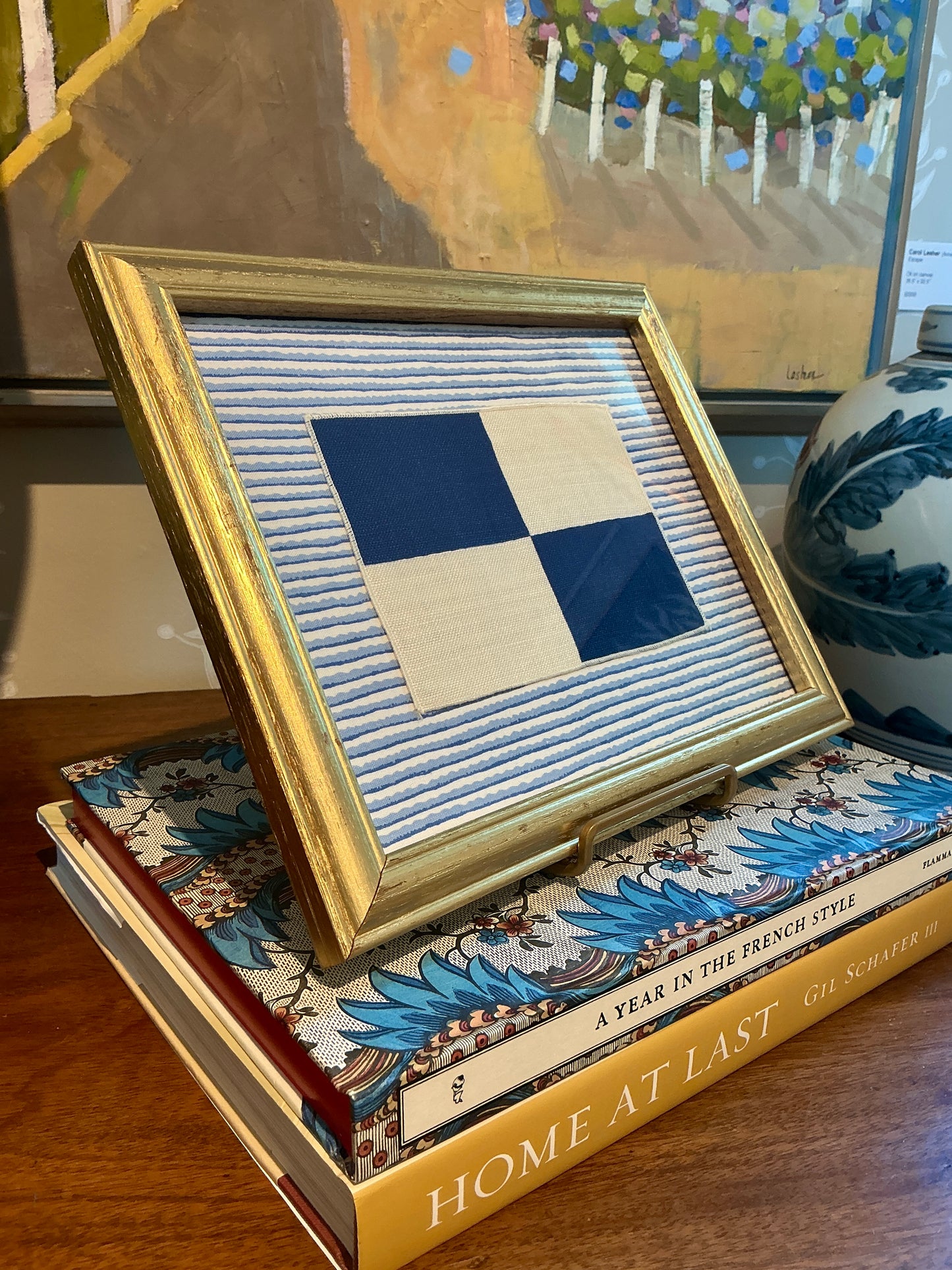Vintage Cotton Nautical Yachting Signal Flag on Blue Stripes in Gold Frame