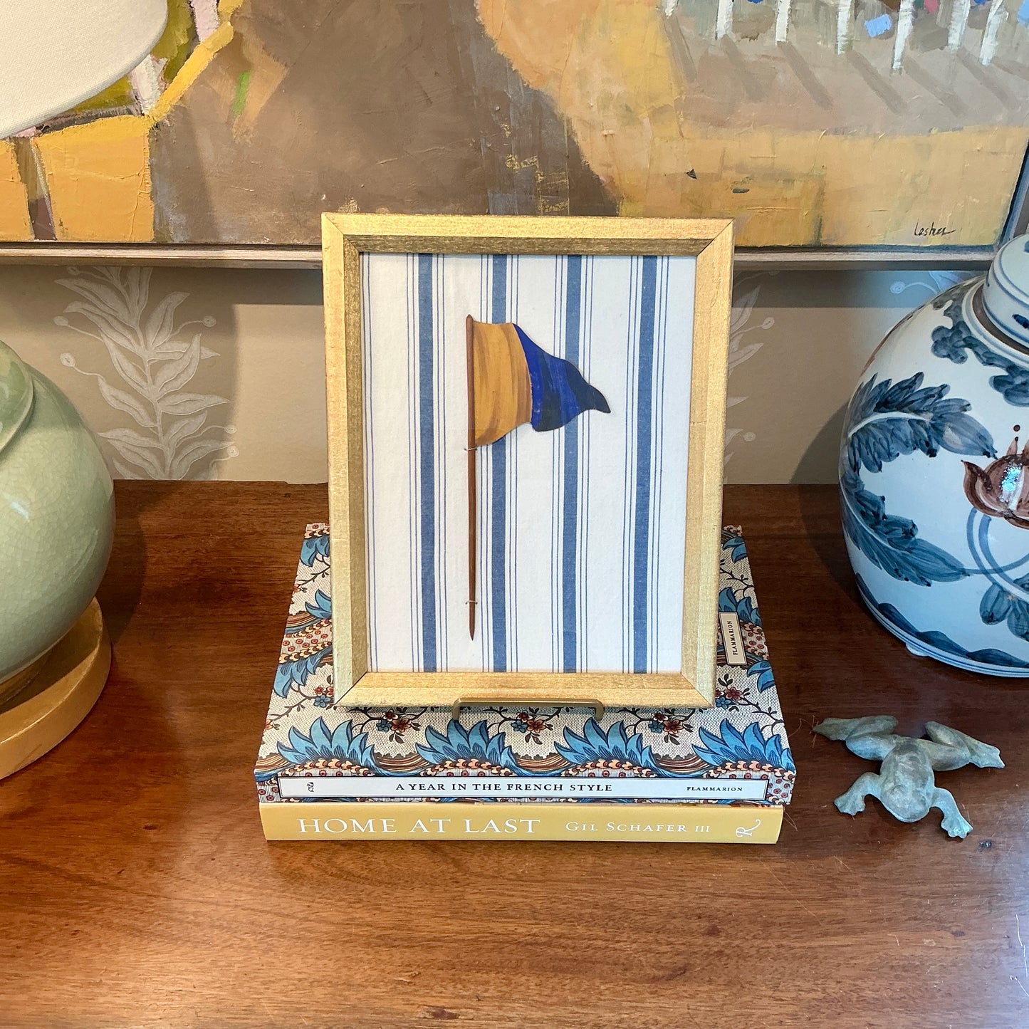 Antique 1905 Nautical Yellow and Blue Flag Oil Painting on Blue and White in Gold Frame