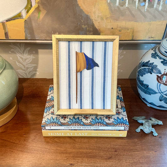 Antique 1905 Nautical Yellow and Blue Flag Oil Painting on Blue and White in Gold Frame