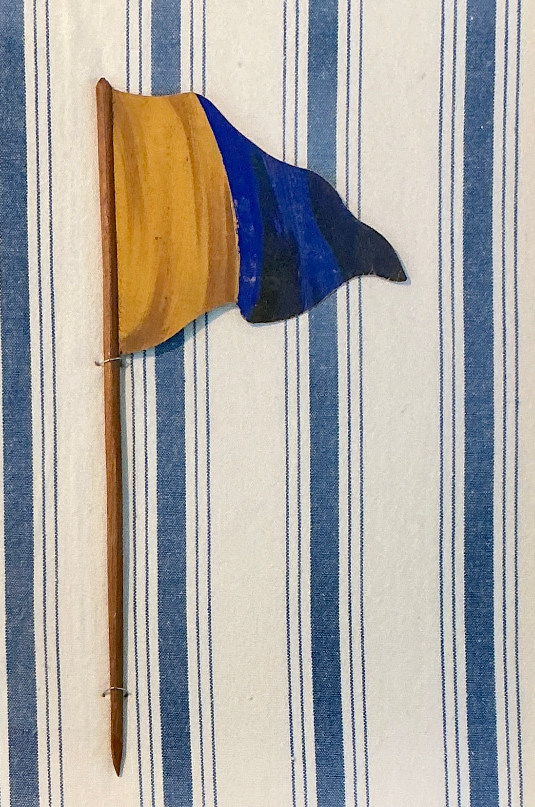 Antique 1905 Nautical Yellow and Blue Flag Oil Painting on Blue and White in Gold Frame