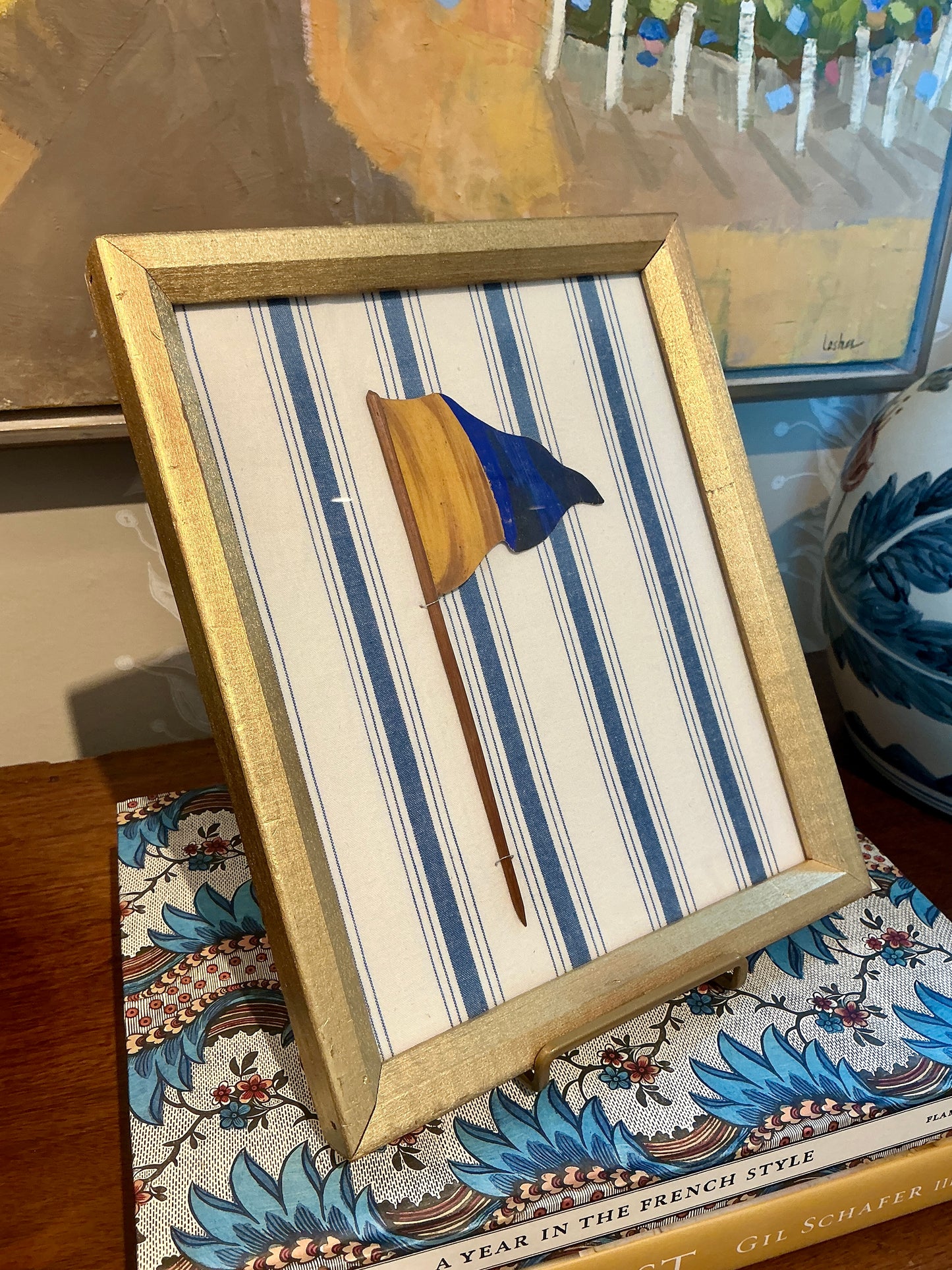 Antique 1905 Nautical Yellow and Blue Flag Oil Painting on Blue and White in Gold Frame