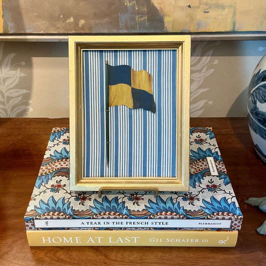 Antique 1905 Nautical Yellow and Blue Checkered Flag Oil Painting on Blue and White in Gold Frame