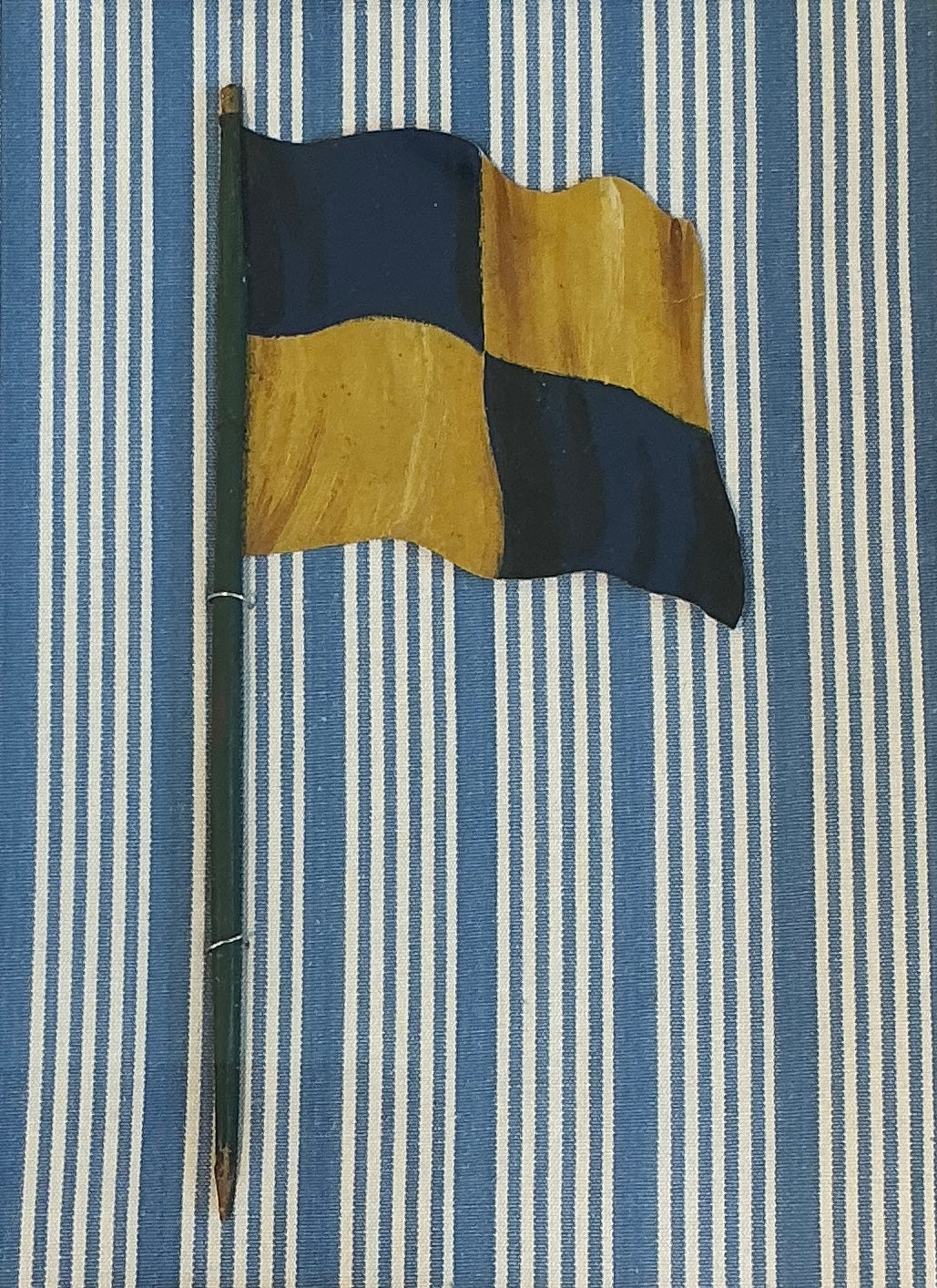 Antique 1905 Nautical Yellow and Blue Checkered Flag Oil Painting on Blue and White in Gold Frame