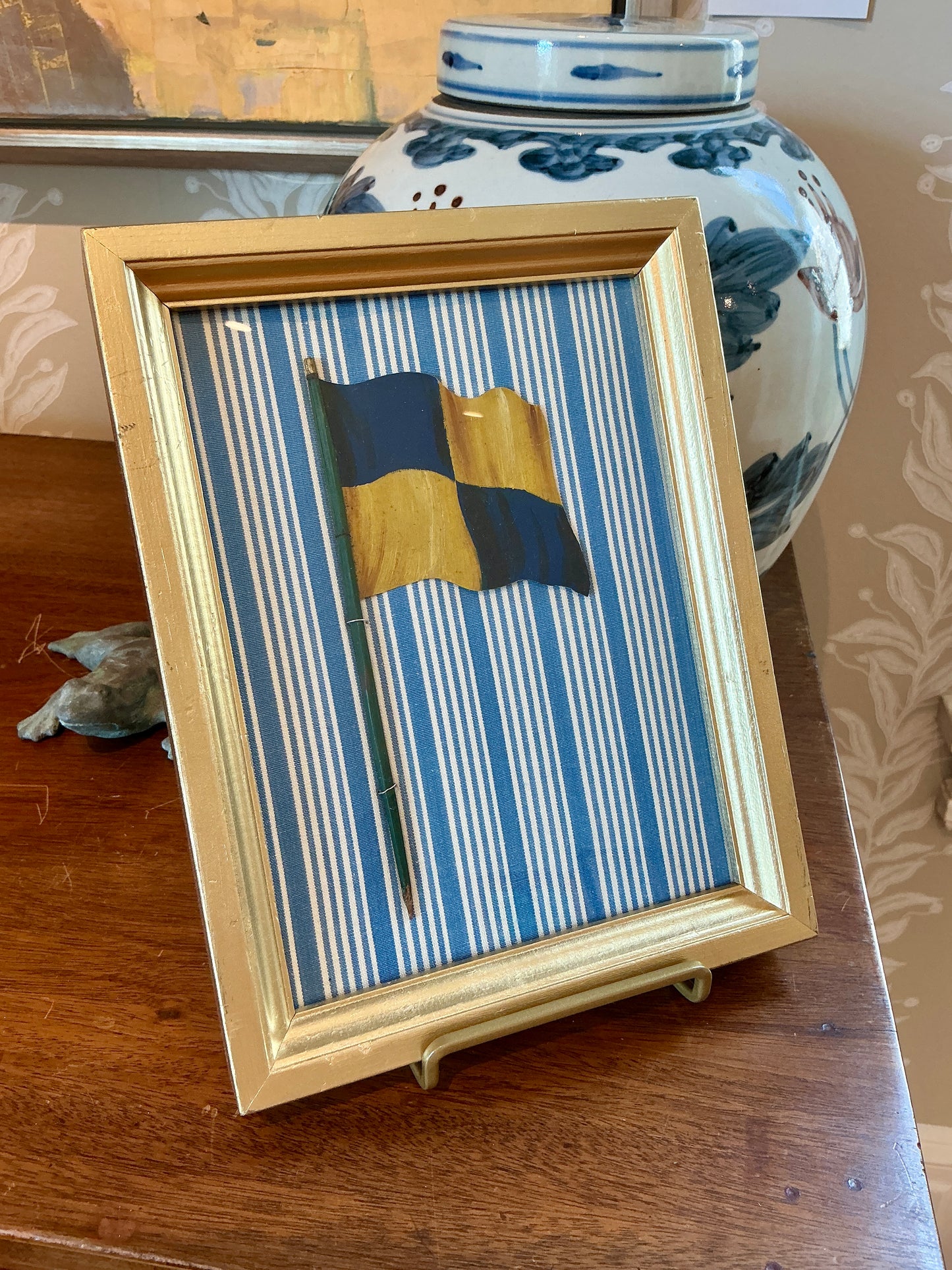 Antique 1905 Nautical Yellow and Blue Checkered Flag Oil Painting on Blue and White in Gold Frame