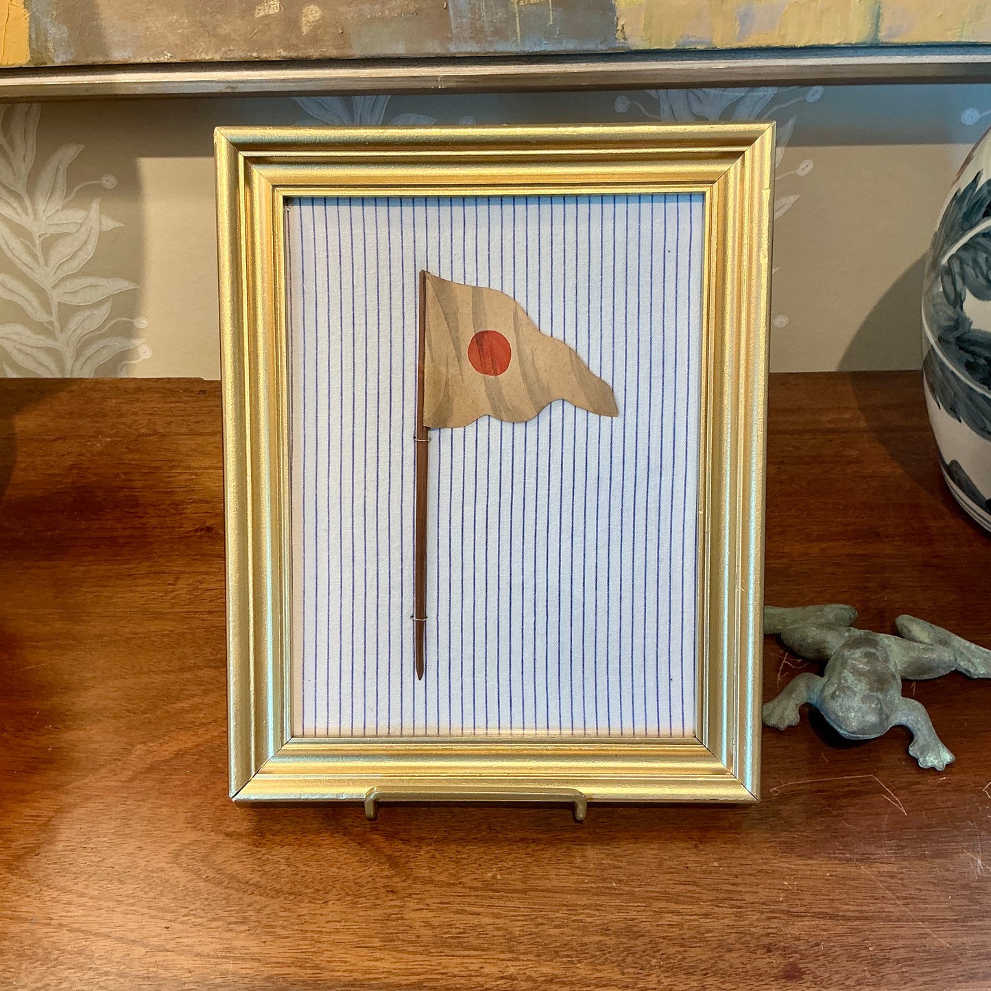 Antique 1905 Nautical Red Circle Flag Oil Painting on Blue and White Stripes in Gold Frame