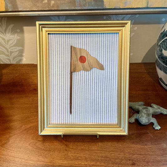 Antique 1905 Nautical Red Circle Flag Oil Painting on Blue and White Stripes in Gold Frame