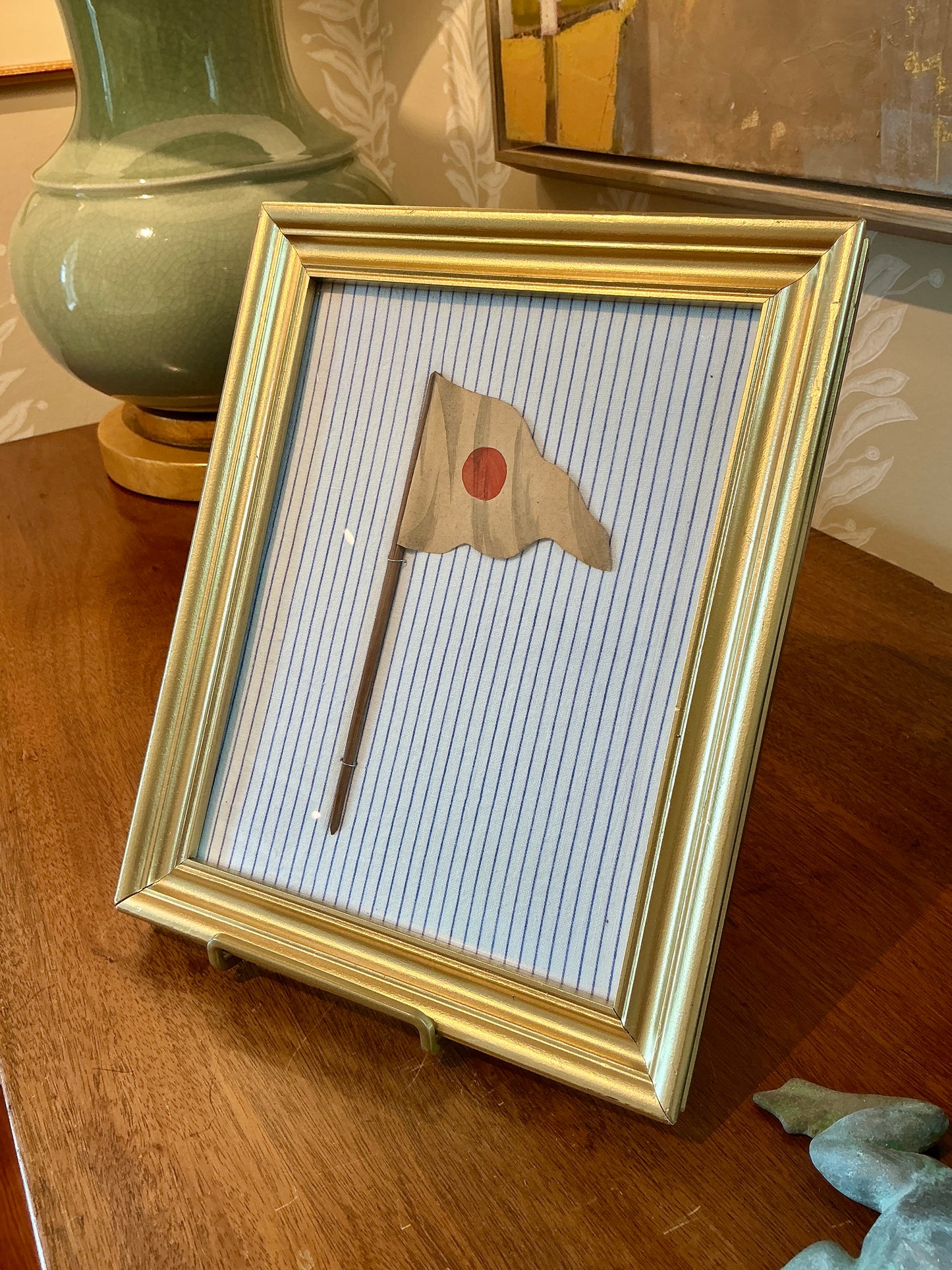 Antique 1905 Nautical Red Circle Flag Oil Painting on Blue and White Stripes in Gold Frame