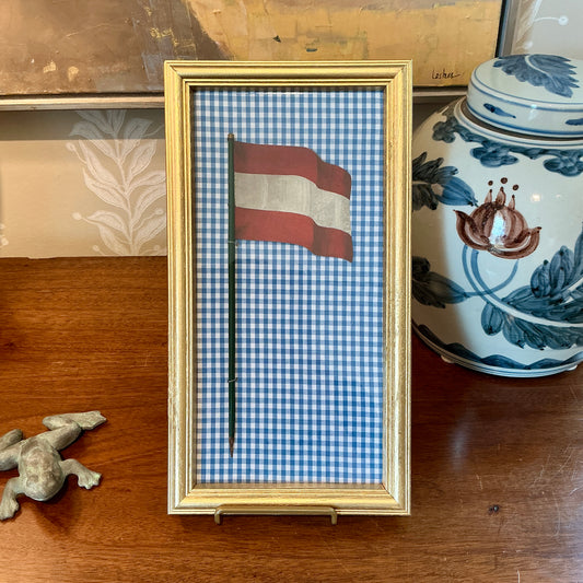 Antique 1905 Nautical Red and White Flag Oil Painting on Blue Gingham in Gold Frame