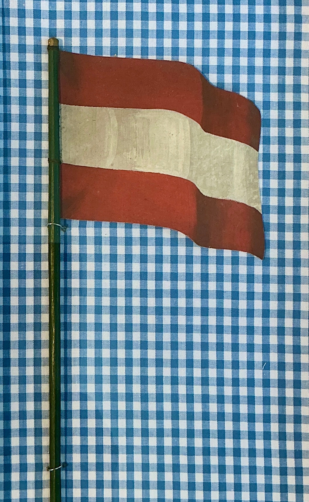 Antique 1905 Nautical Red and White Flag Oil Painting on Blue Gingham in Gold Frame