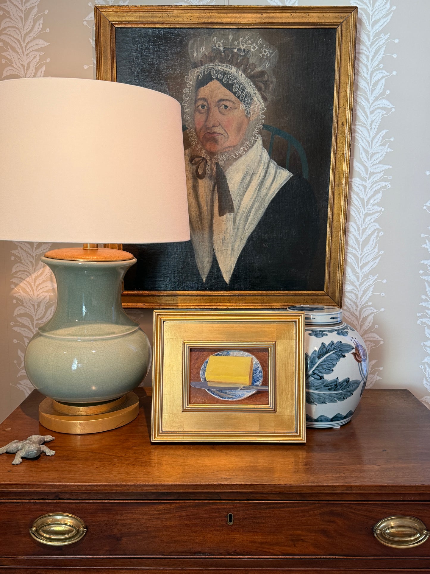 Youqing Wang Butter on Blue and White Plate Still Life Oil Painting in Gold Frame