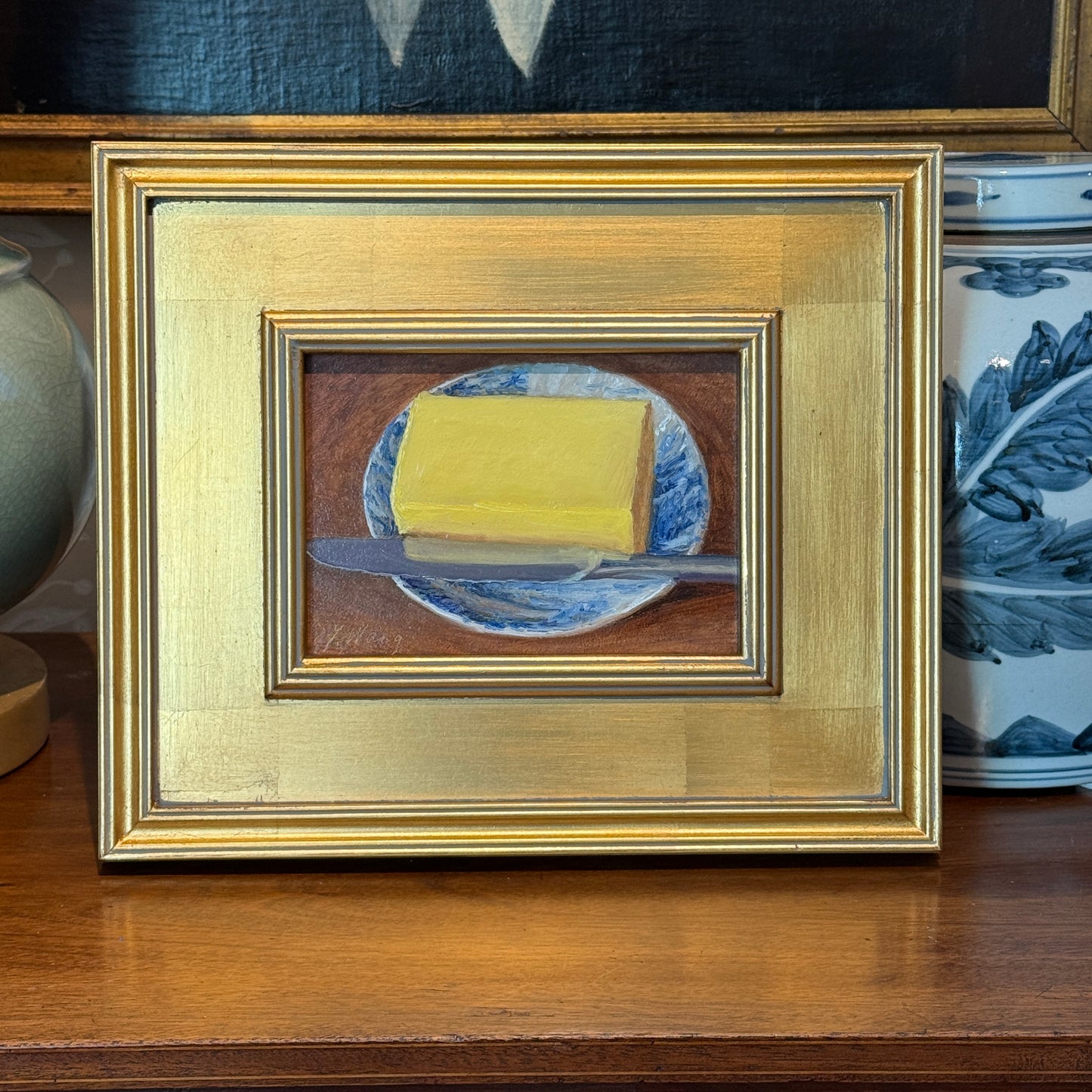 Youqing Wang Butter on Blue and White Plate Still Life Oil Painting in Gold Frame