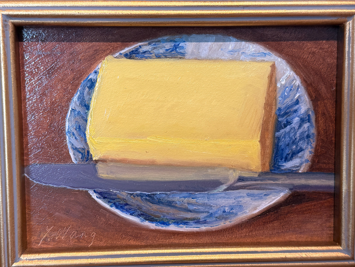 Youqing Wang Butter on Blue and White Plate Still Life Oil Painting in Gold Frame