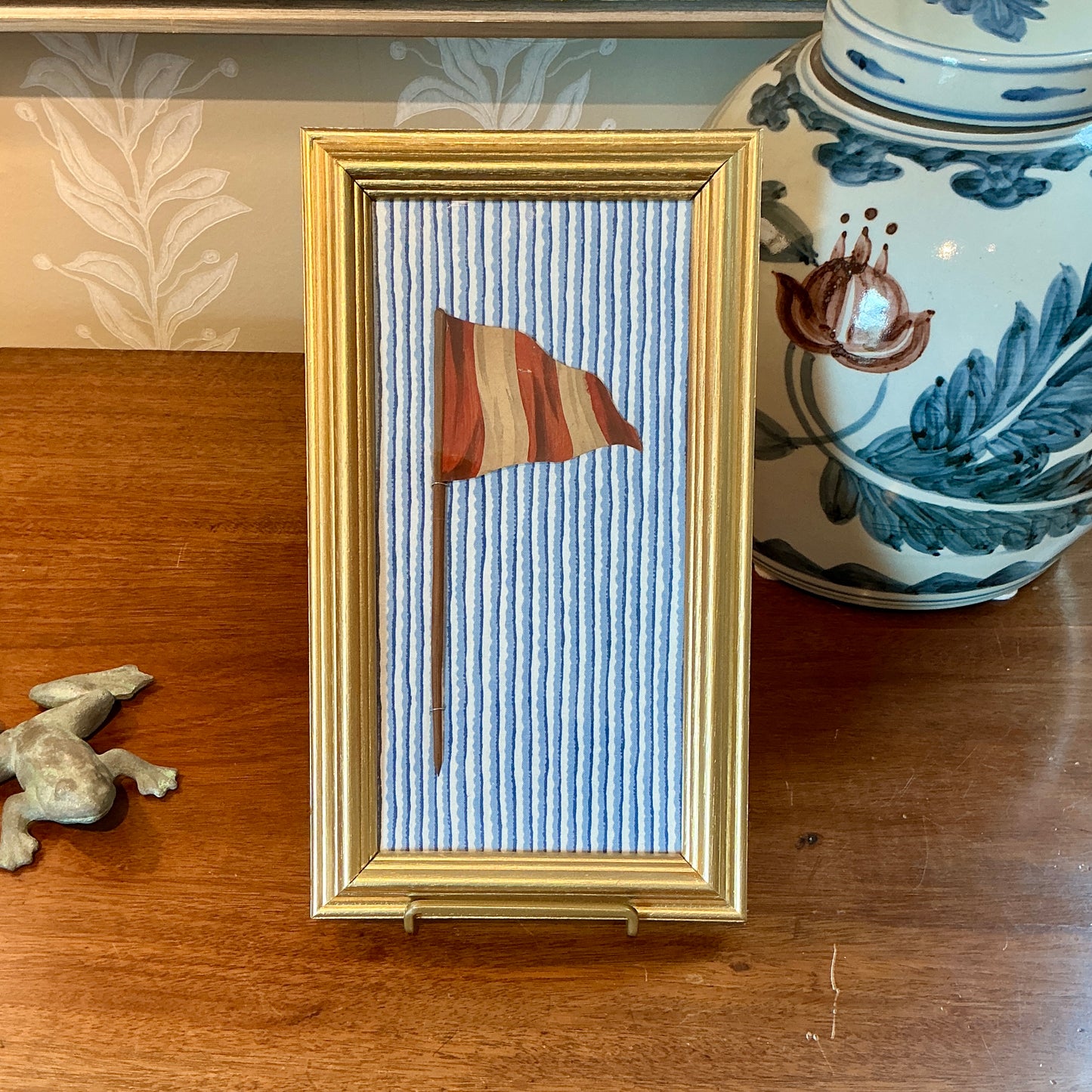 Antique 1905 Nautical Red and White Flag Oil Painting on Blue and White in Gold Frame