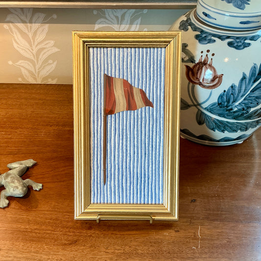 Antique 1905 Nautical Red and White Flag Oil Painting on Blue and White in Gold Frame