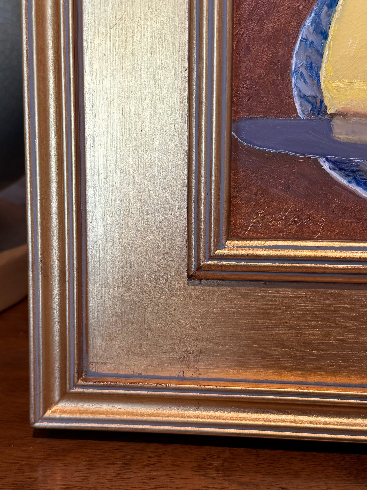 Youqing Wang Butter on Blue and White Plate Still Life Oil Painting in Gold Frame