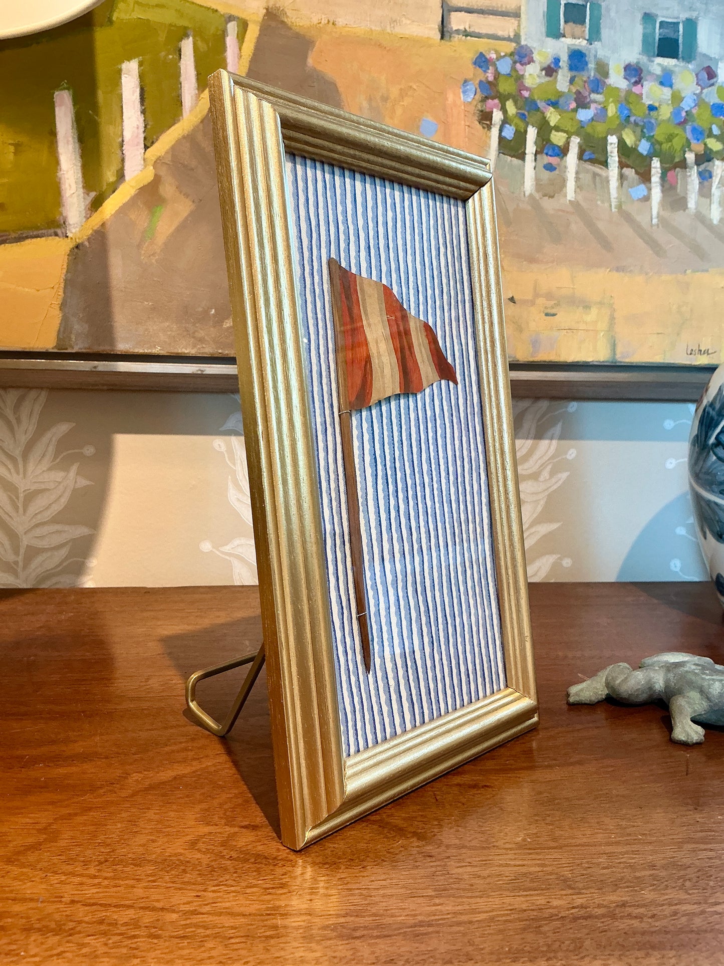 Antique 1905 Nautical Red and White Flag Oil Painting on Blue and White in Gold Frame