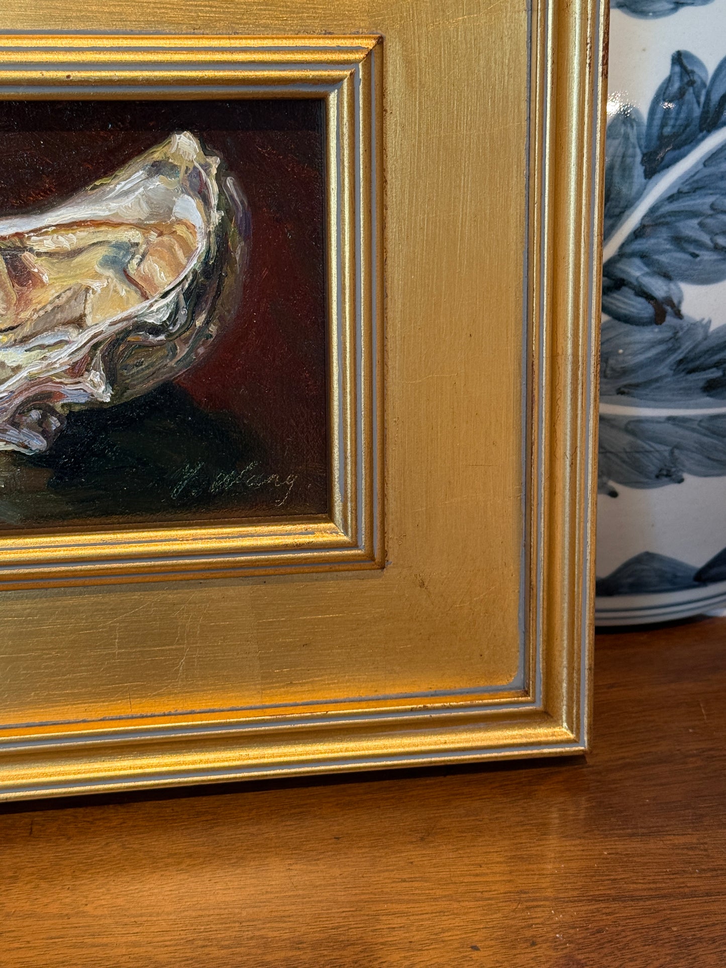 Youqing Wang Shucked Oyster Still Life Oil Painting in Gold Frame