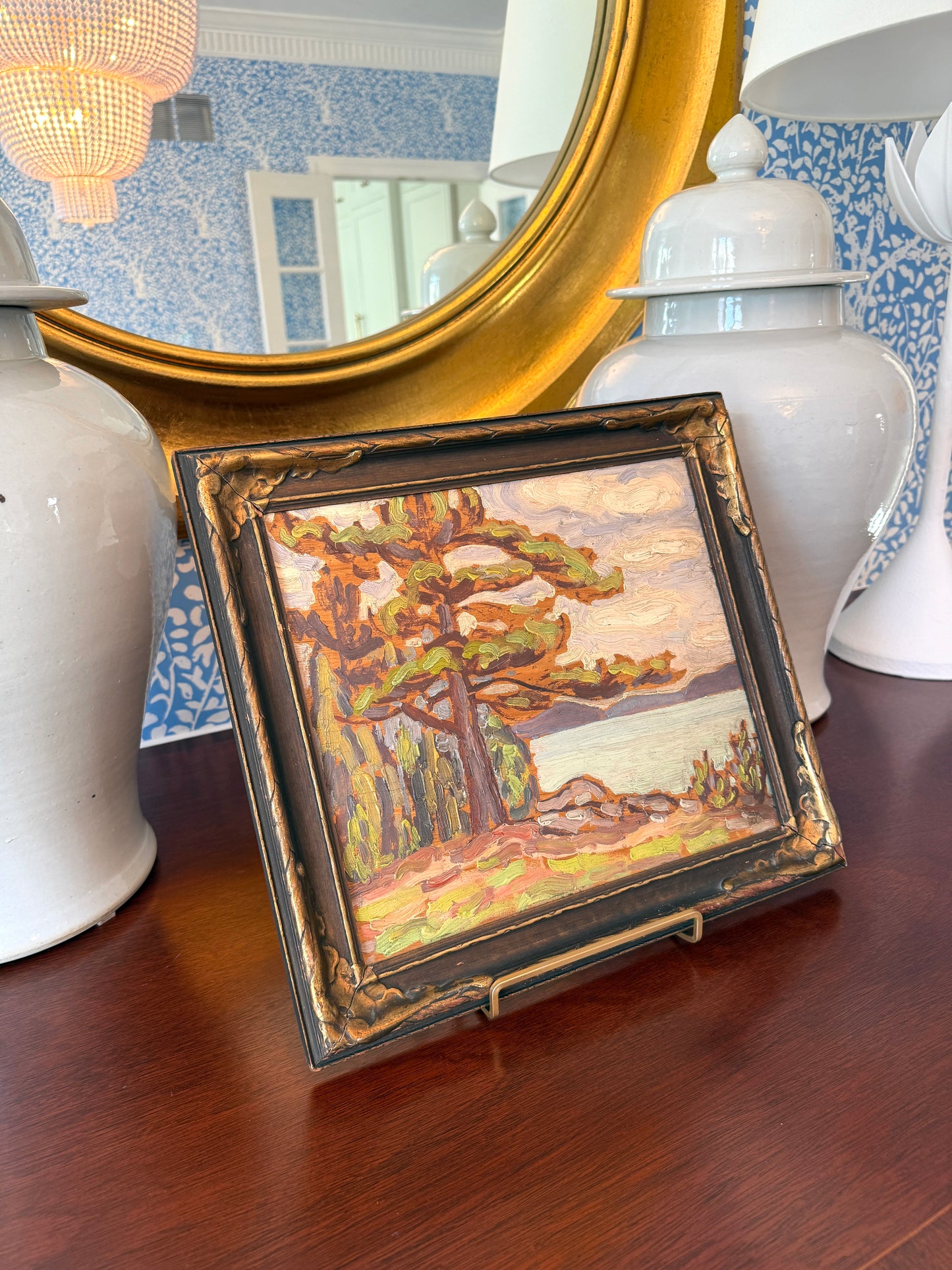 1927 D. Claude MacDonald Pigeon Lake Waterside Landscape Oil Painting in Black and Gold Frame