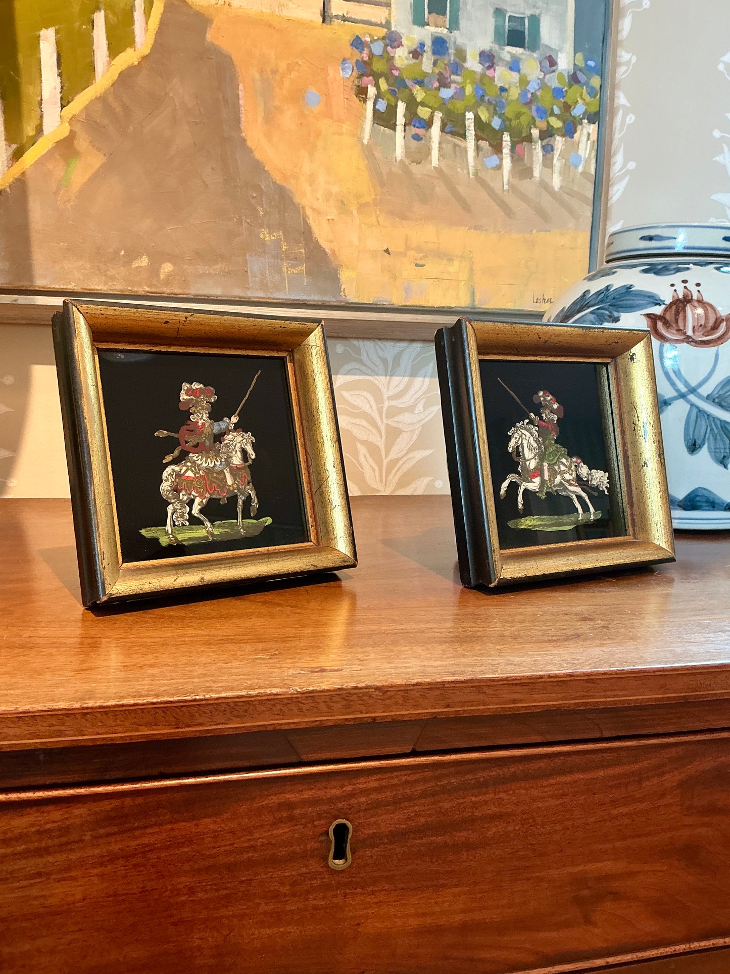 Pair of Reverse Painted Knights on Horseback Portraits in Gold Frames