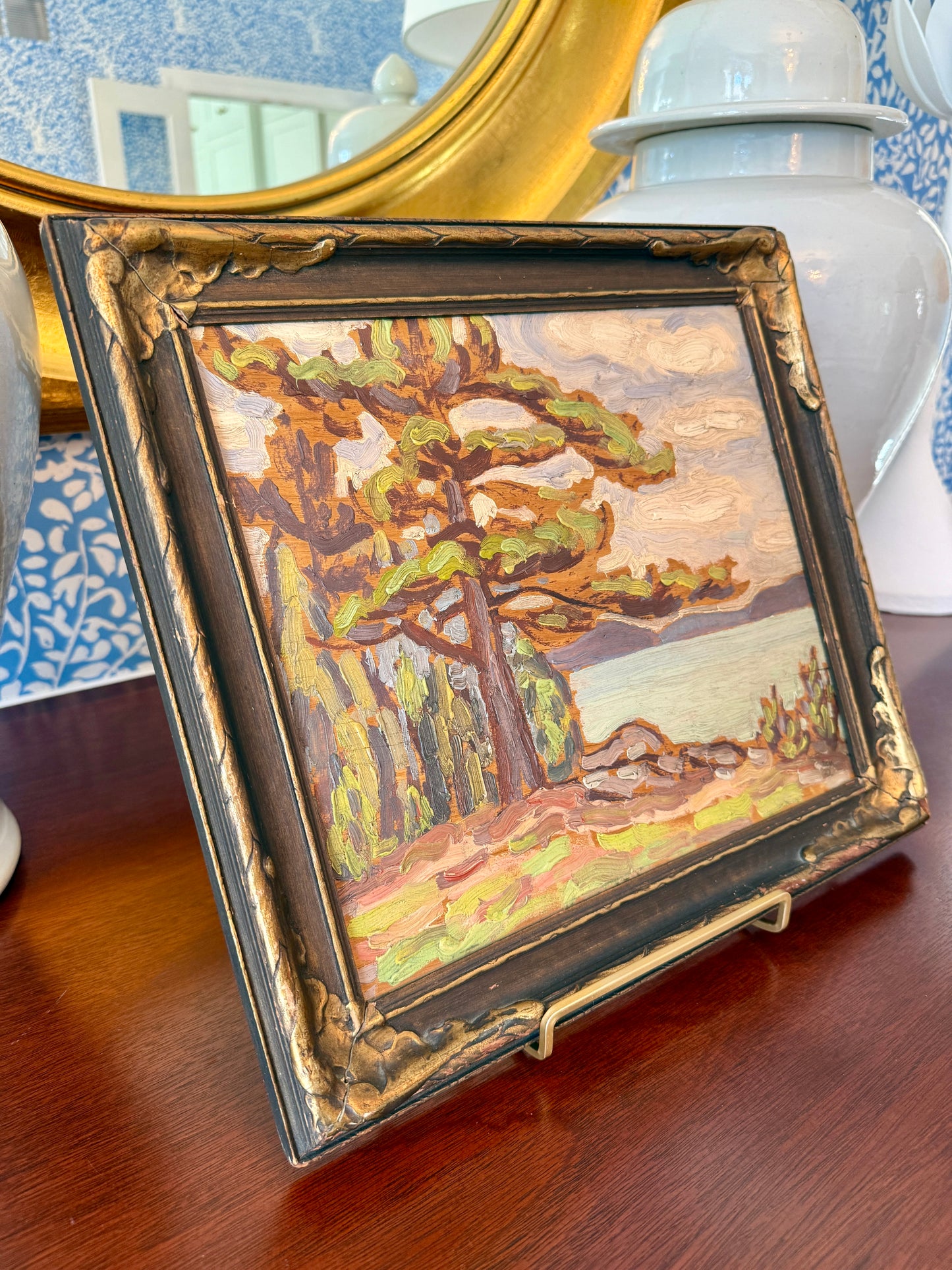 1927 D. Claude MacDonald Pigeon Lake Waterside Landscape Oil Painting in Black and Gold Frame