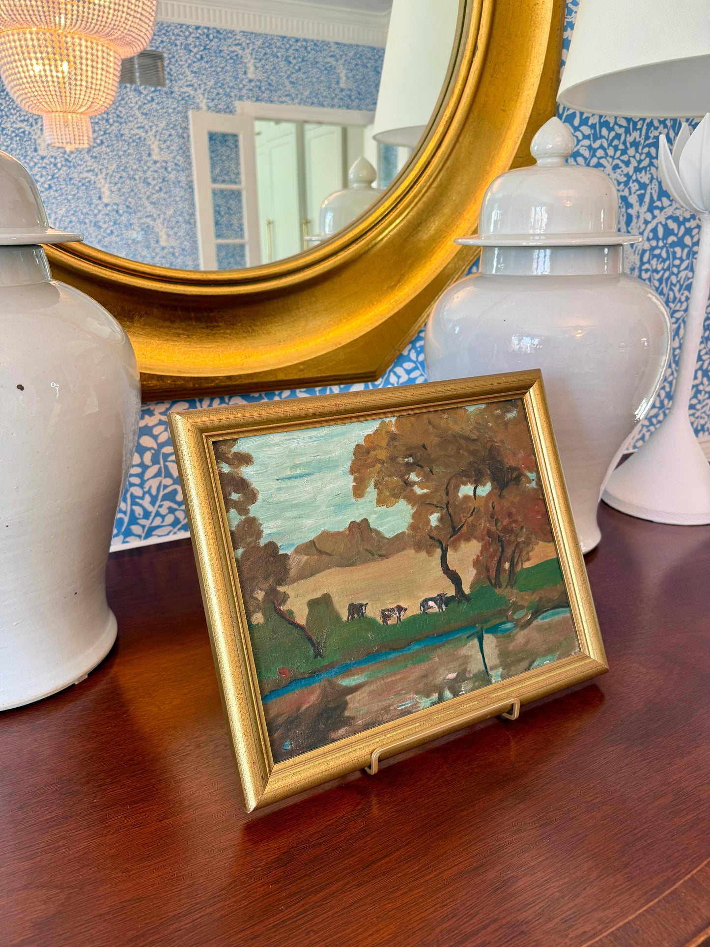 George Glenn Newell Antique Impressionist Cows in Landscape Oil Painting in Gold Frame