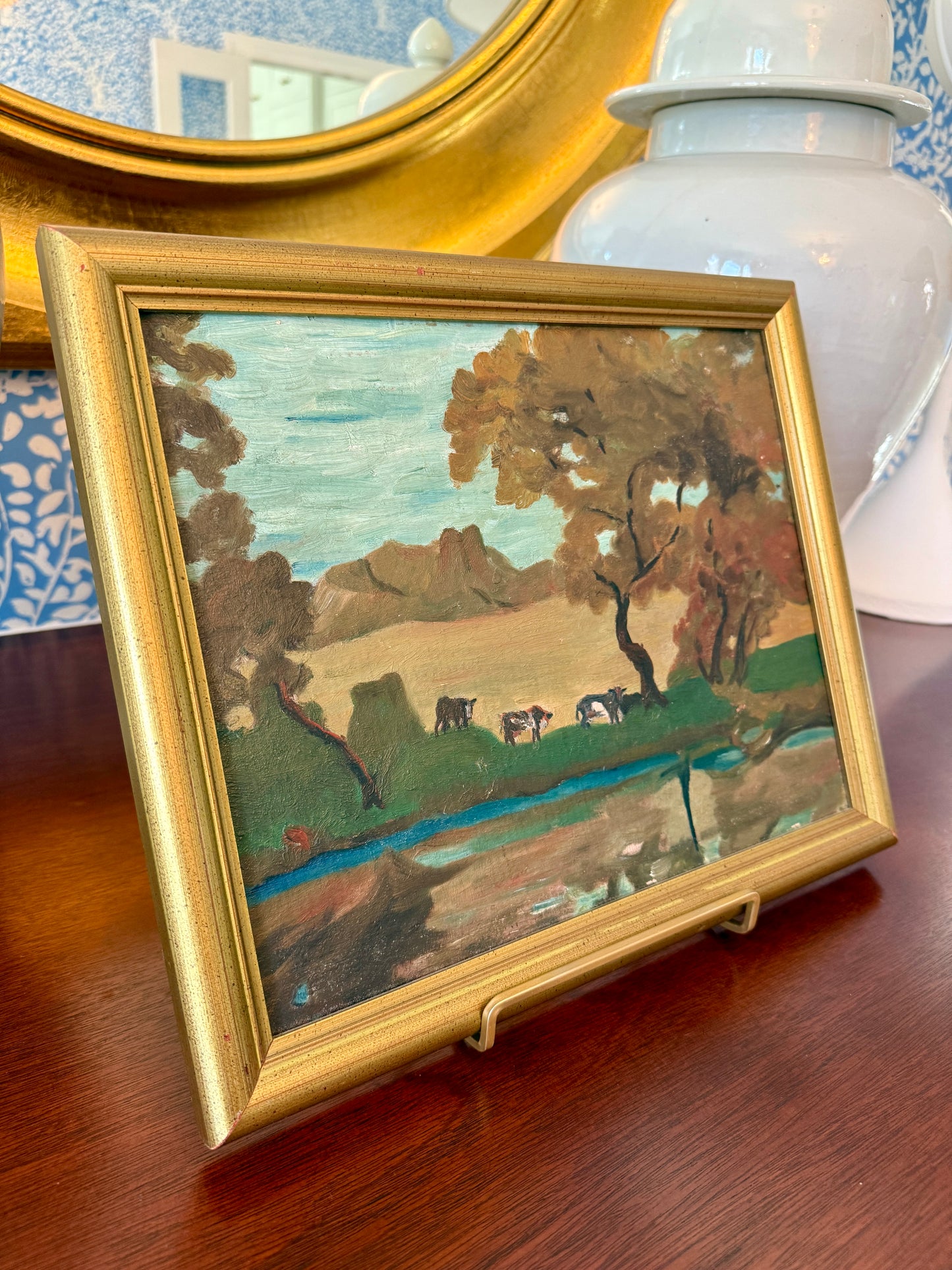 George Glenn Newell Antique Impressionist Cows in Landscape Oil Painting in Gold Frame