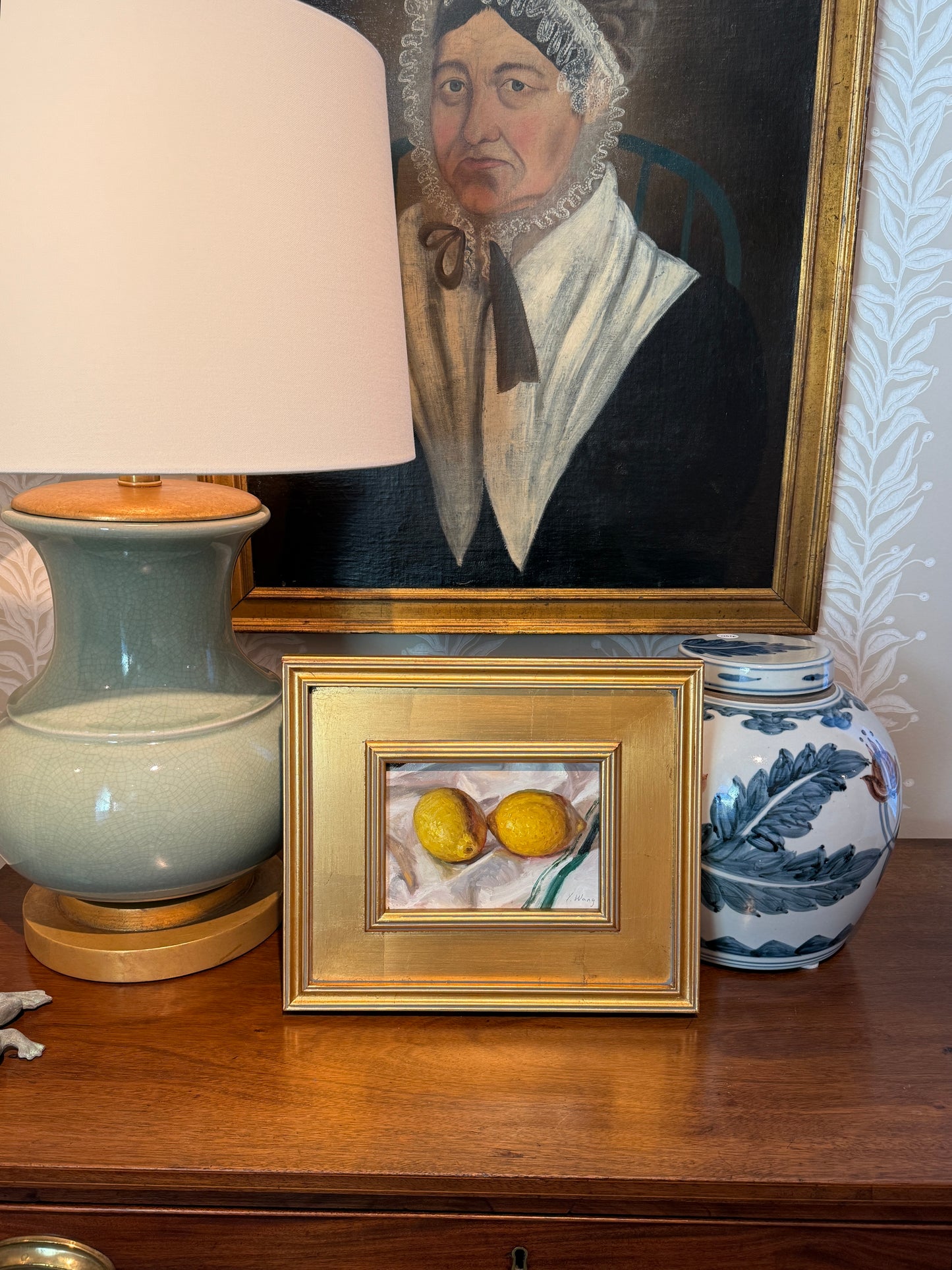 Youqing Wang Lemons on Green Striped Cloth Still Life Oil Painting in Gold Frame